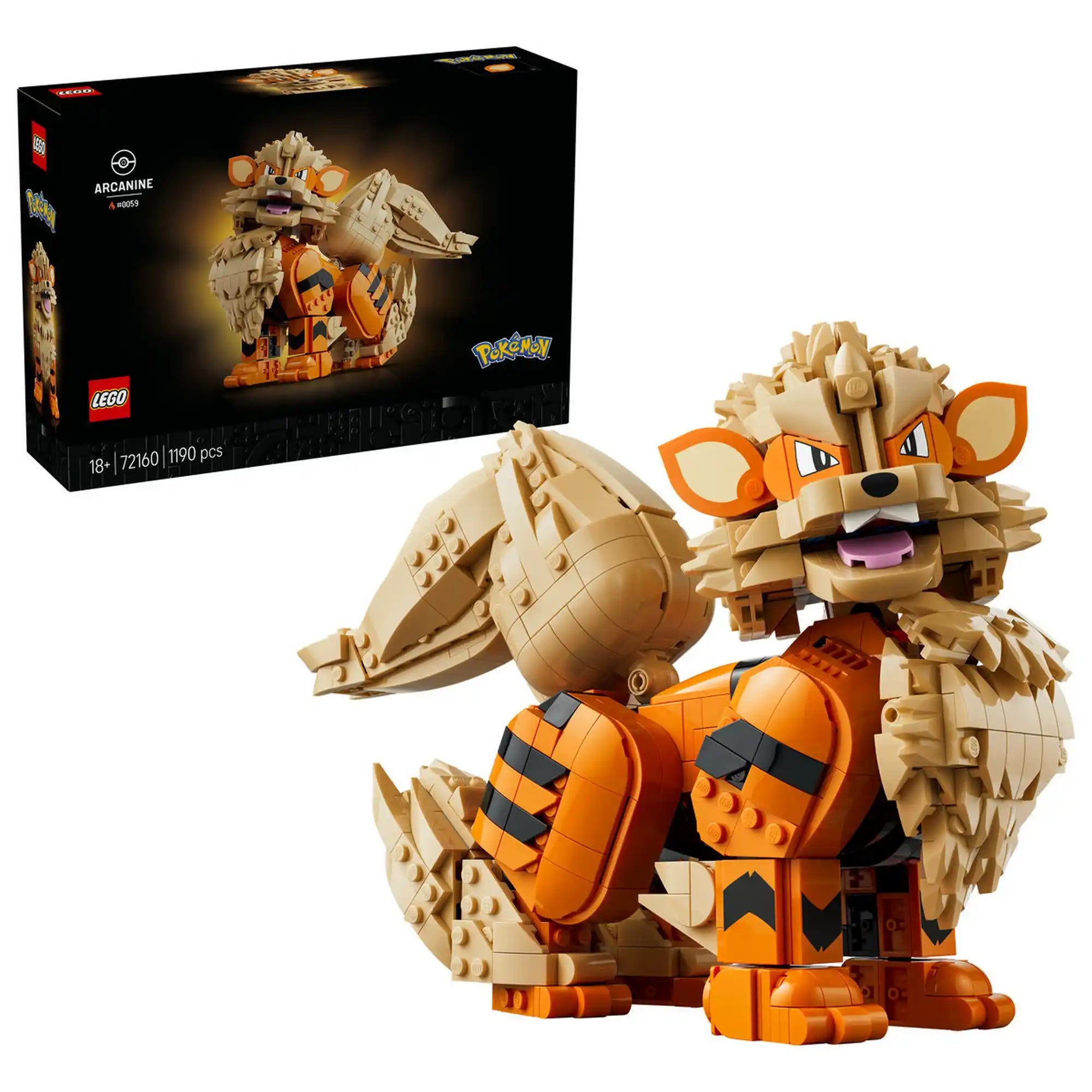 A LEGO Pokémon: Arcanine 72160 megépített Arcanine figurája a készlet dobozával együtt, fehér háttéren.