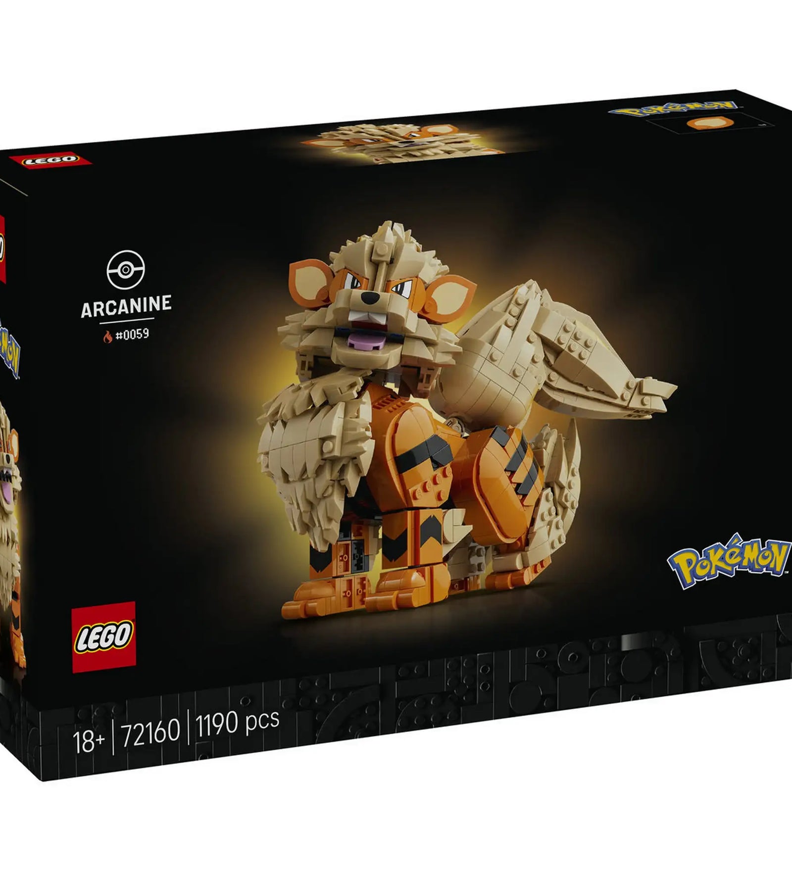 A LEGO Pokémon: Arcanine 72160 készlet dobozának eleje az Arcanine megépíthető figurájával.