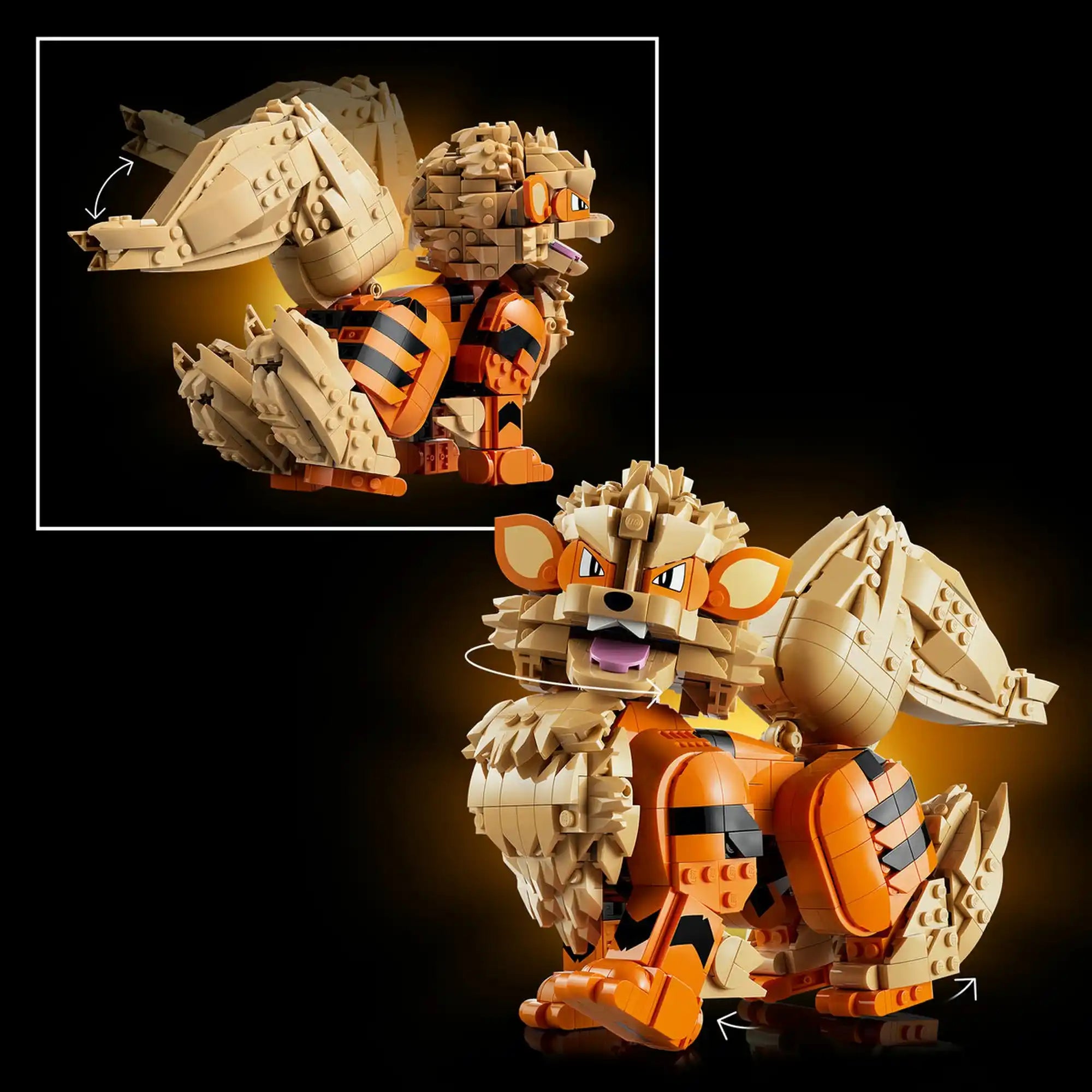 A LEGO Pokémon: Arcanine 72160 Arcanine figurája mozgatható fejjel, lábakkal és farokkal, fehér háttéren.