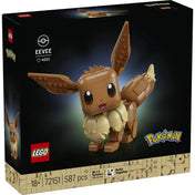 LEGO Pokémon Eevee (72151) dobozkép elölnézetből, fekete háttérrel, nagy méretű, aranyos Eevee figura, 587 darabos felnőtt LEGO készlet
