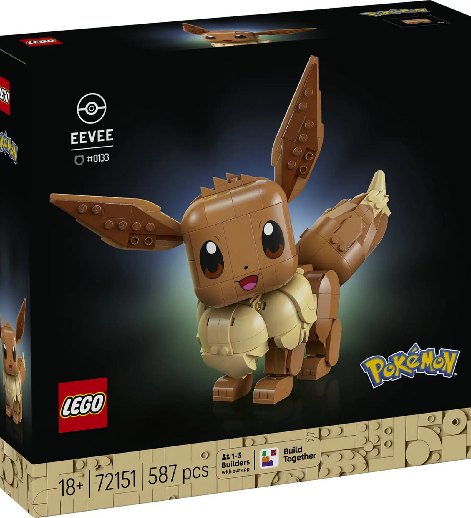 LEGO Pokémon Eevee (72151) dobozkép elölnézetből, fekete háttérrel, nagy méretű, aranyos Eevee figura, 587 darabos felnőtt LEGO készlet