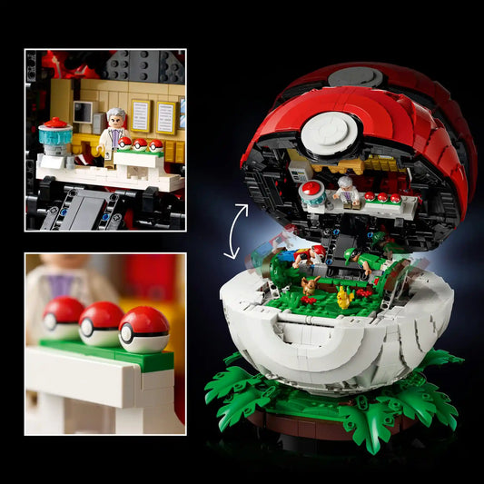 LEGO Pokémon: Ikonikus Trénerpillanatok Pokélabda 72154 nyitott modellje, belsejében Pokémon-laborral, Pikachuval, Eevee-vel és trénerekkel.