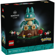A LEGO Pokémon Munchlax 72150 készlet hátoldala, amely bemutatja a modell funkcióit és méreteit.