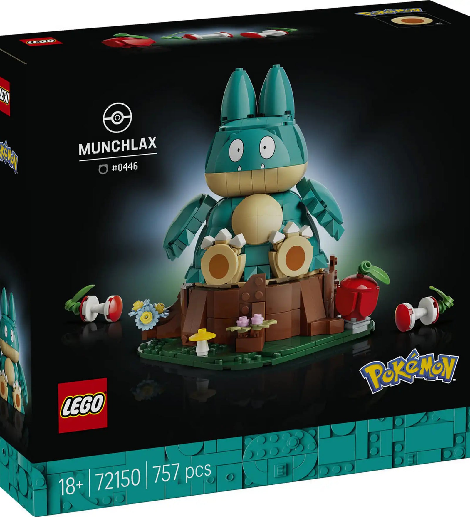 A LEGO Pokémon Munchlax 72150 készlet hátoldala, amely bemutatja a modell funkcióit és méreteit.