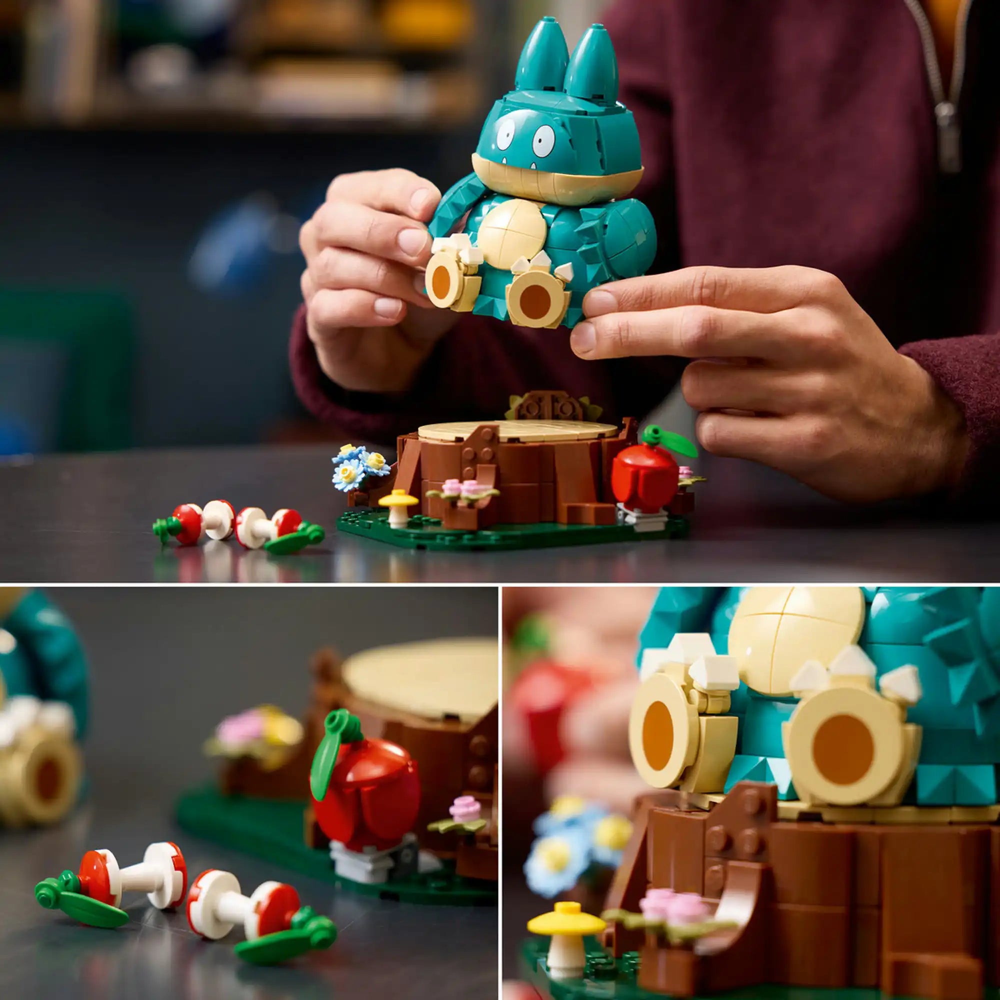A LEGO Pokémon Munchlax mozgatható figurája, amely levehető a talapzatról, valamint közeli képek a részletekről.