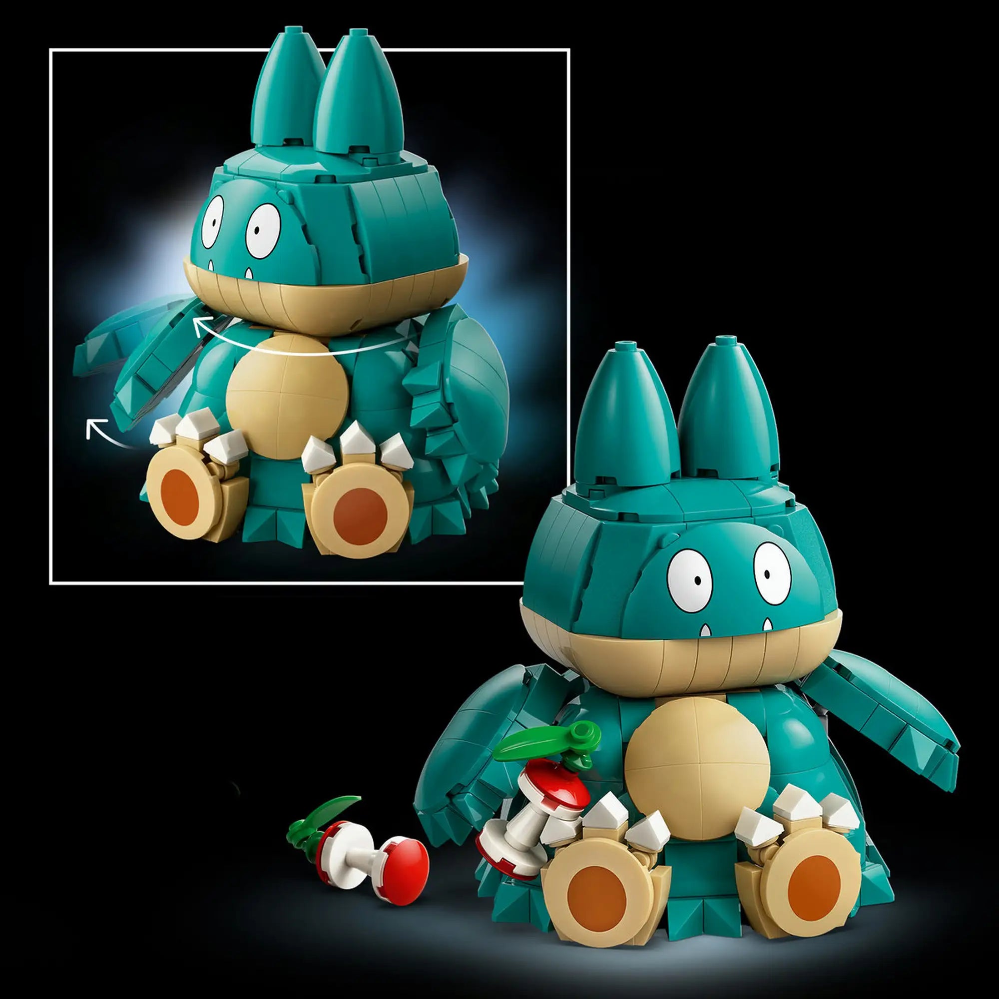 A LEGO Pokémon Munchlax mozgatható karokkal és forgatható fejjel, kezében almacsutkával és almával.