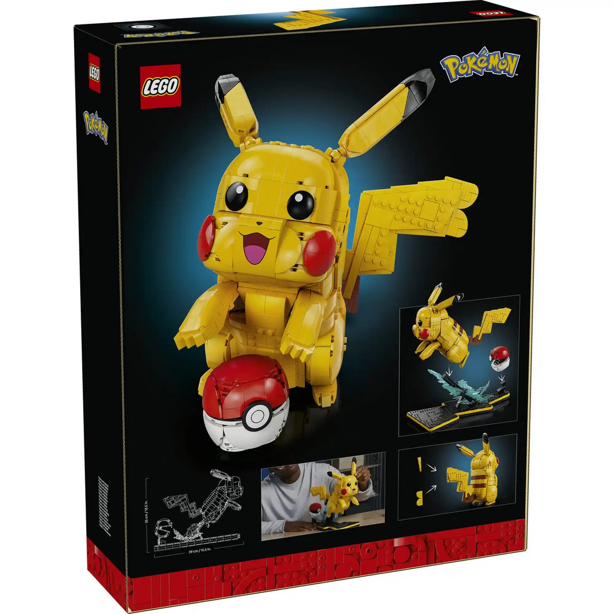 LEGO Pokémon: Pikachu és pokélabda 72152, 2050 darabos hátoldali dobozkép, amely bemutatja a Pikachu modell részleteit, építési funkcióit és különböző nézeteit.