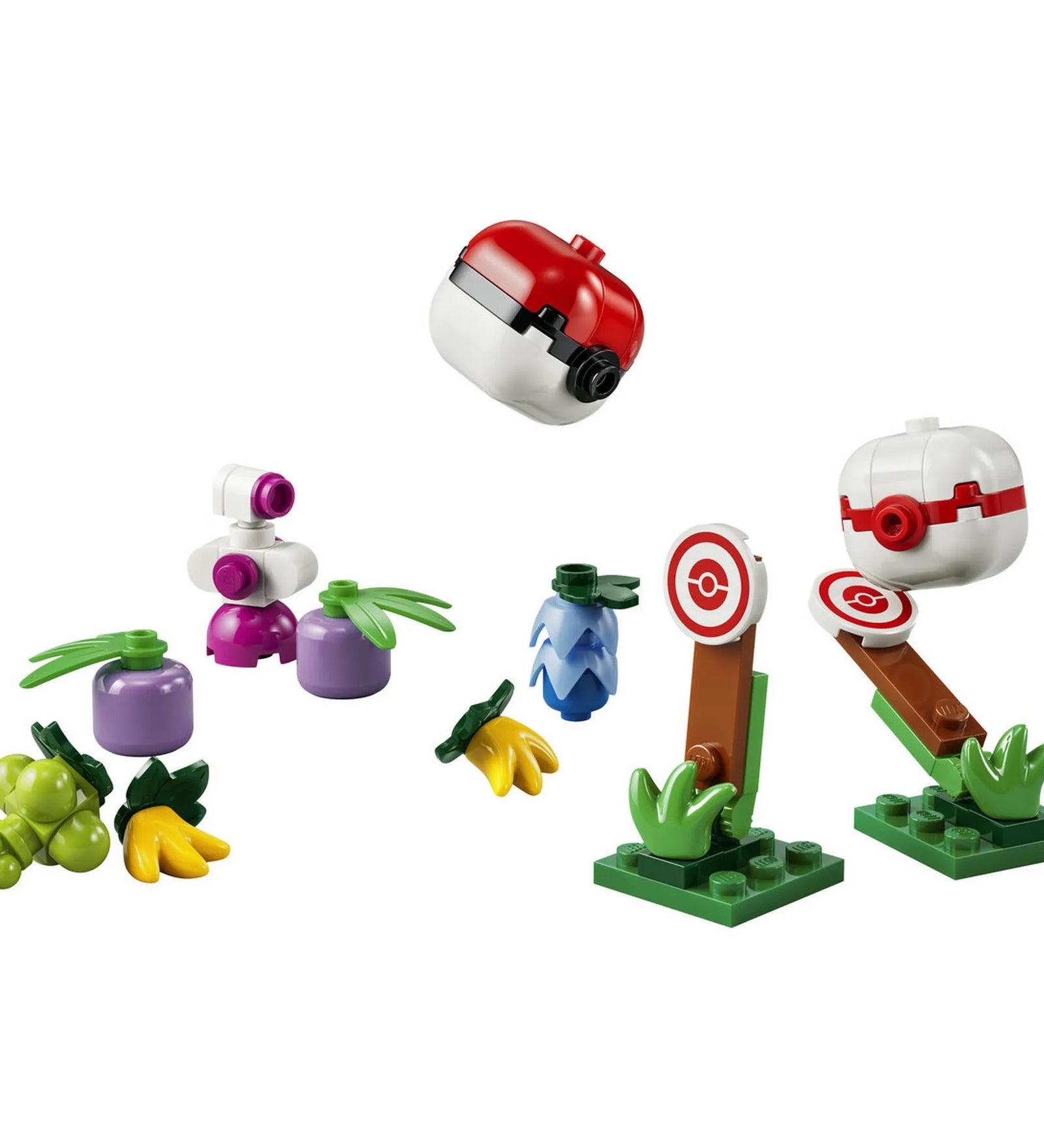 A LEGO Pokémon: Pokémonedző kellélek 30730 készlet megépített Pokélabdát, Premier Ballt, céltáblákat és bogyókat tartalmaz.