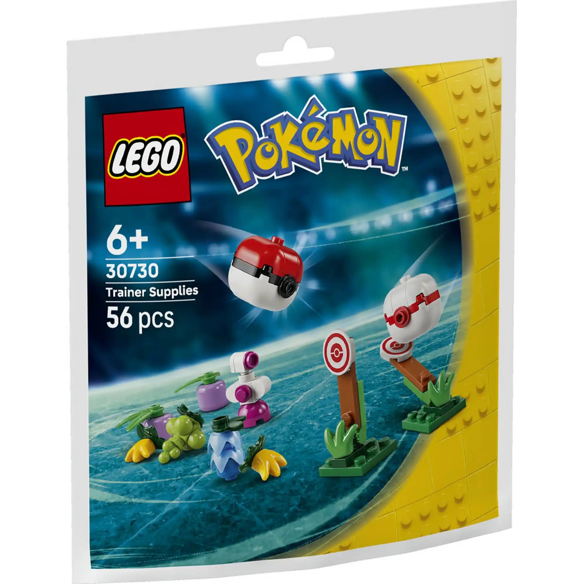 A LEGO Pokémon: Pokémonedző kellélek 30730 készlet csomagolása a mini Pokélabdával, Premier Ball-lal és edzői kiegészítőkkel.
