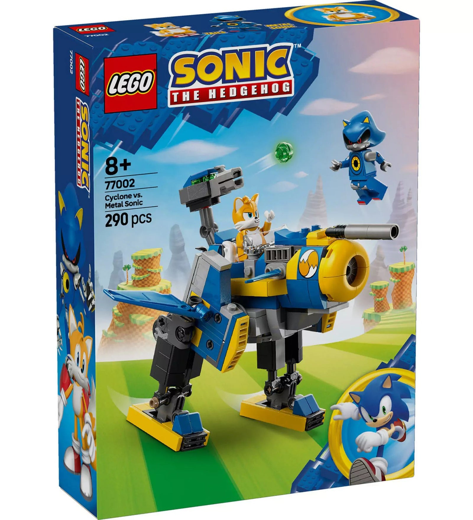  LEGO Sonic the Hedgehog - Cyclone Metal Sonic ellen (77002) dobozának előnézete, amely bemutatja a robotot és a minifigurákat akció közben.