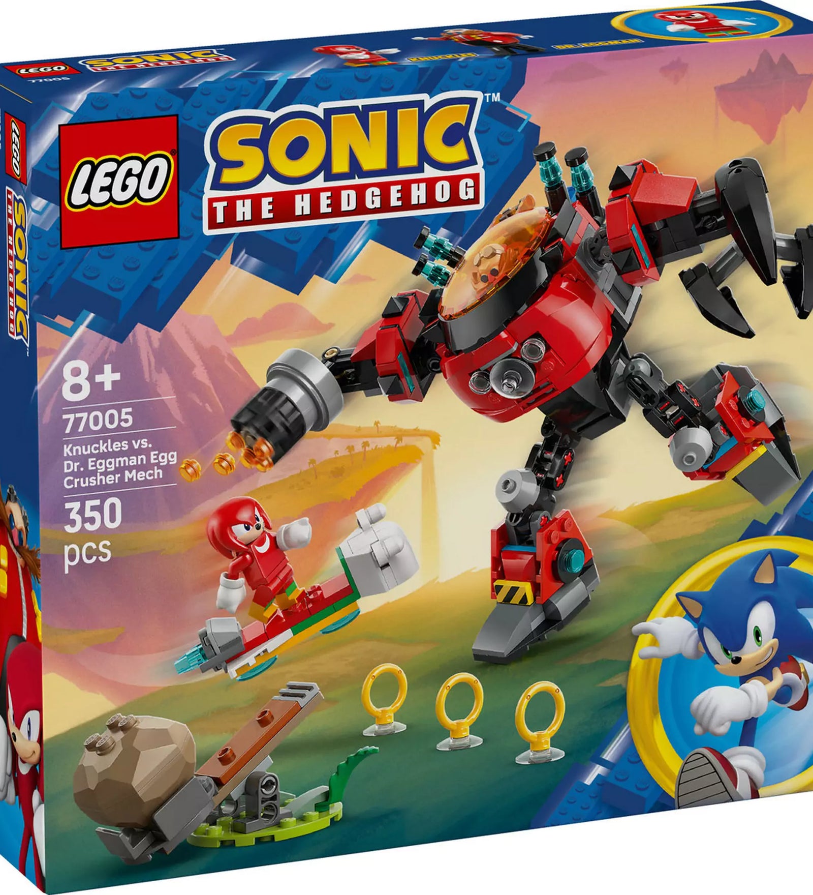 A LEGO Sonic the Hedgehog Knuckles vs. Dr. Eggman Egg Crusher Mech (77005) színes doboza Knuckles figurájával és a piros robot mech-kel.