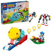 A LEGO Sonic the Hedgehog 'Sonic's Campfire Clash' készlet tartalma, köztük Sonic figura, robotok, gyűrűk és egy táborhely építőkészlet.