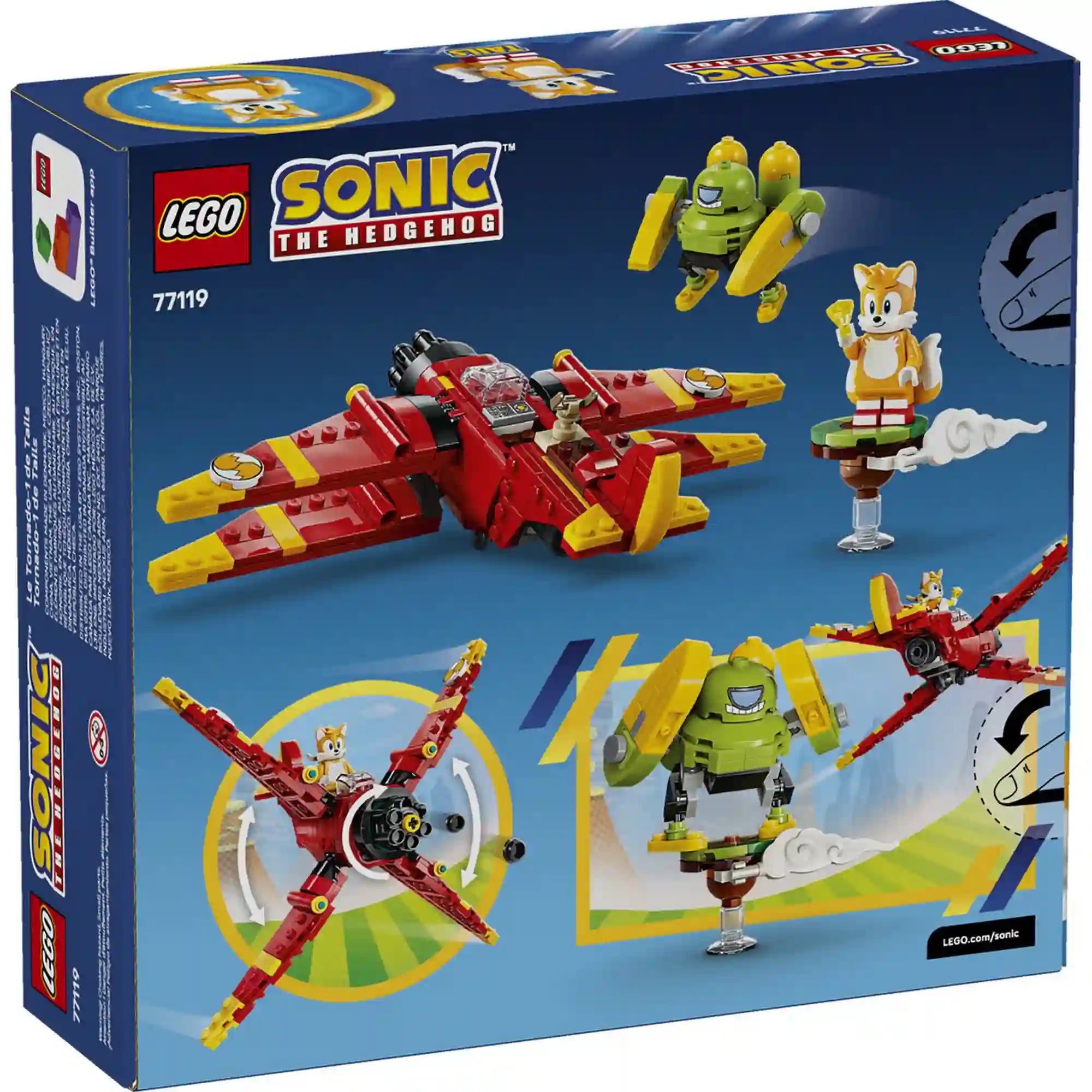 A LEGO Sonic Tails Tornado-1 készlet hátoldala játékfunkciókkal.