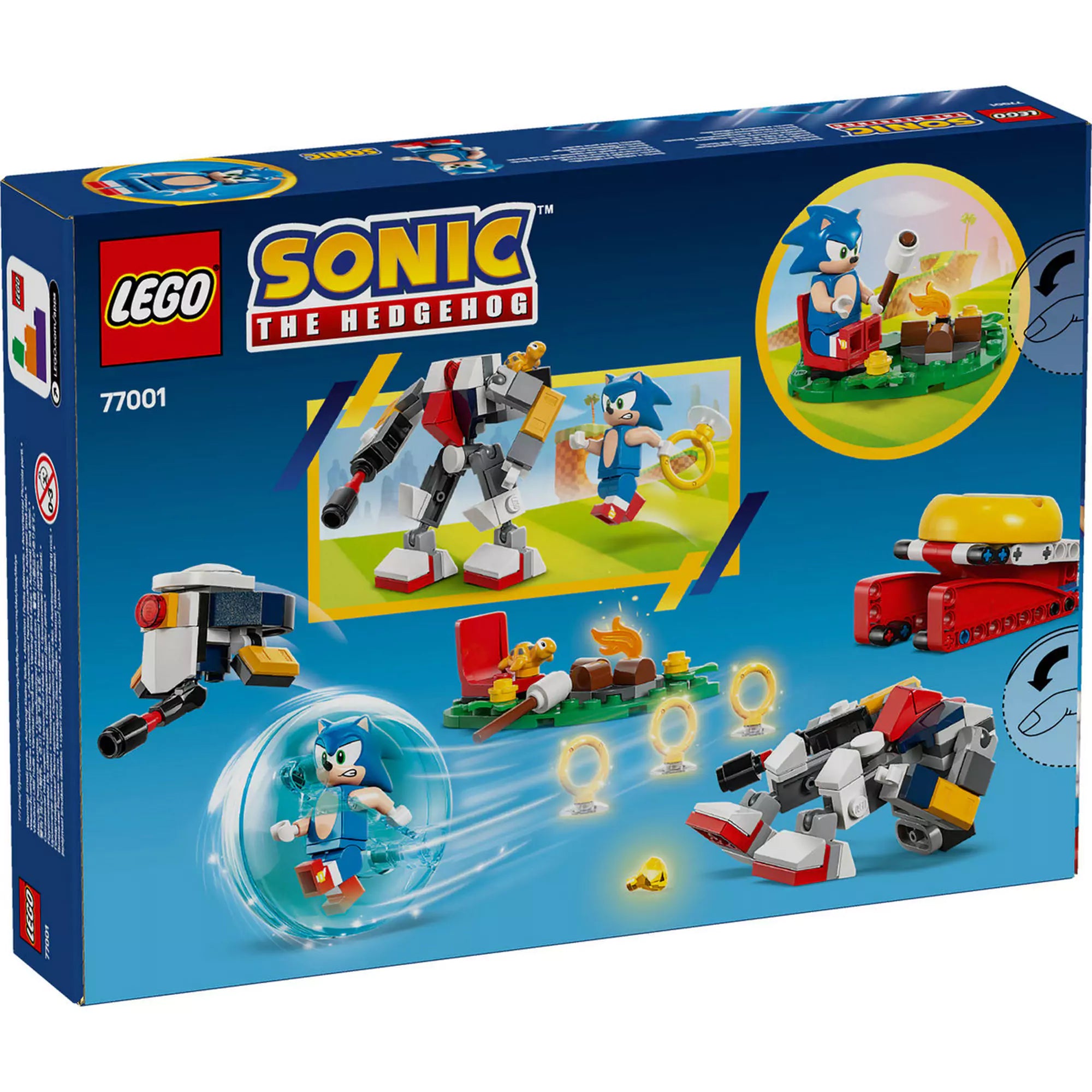 A LEGO Sonic the Hedgehog 'Sonic's Campfire Clash' készlet hátoldala, bemutatva a játékmenet részleteit és a készlet funkcióit."