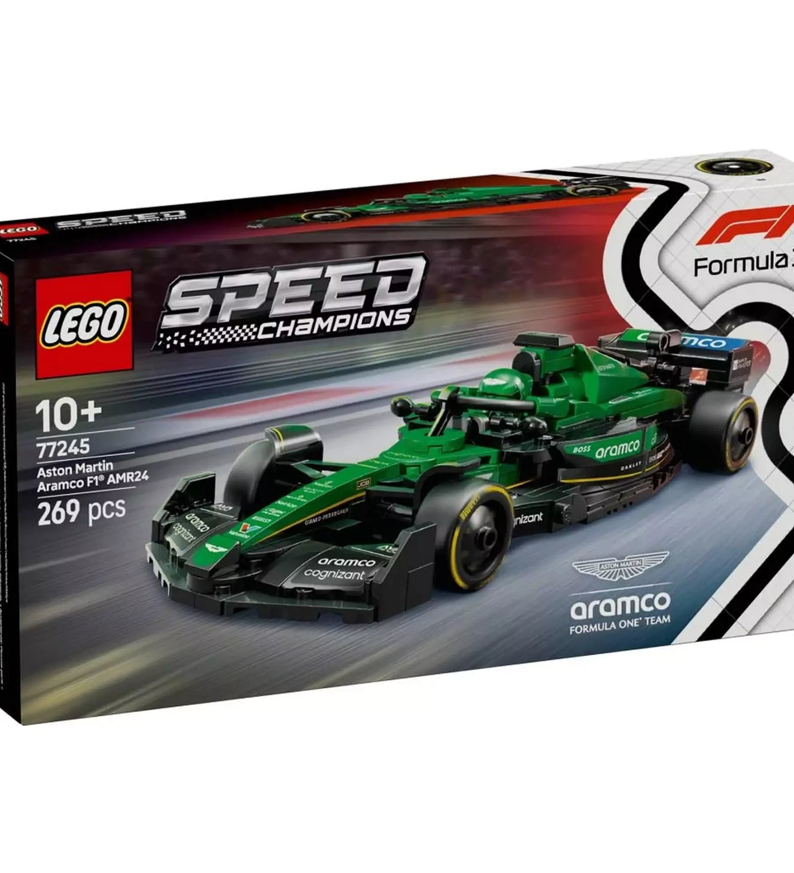 LEGO Speed Champions Aston Martin Aramco F1 AMR24 versenyautó dobozképe, 269 elemmel, 10 éves kortól