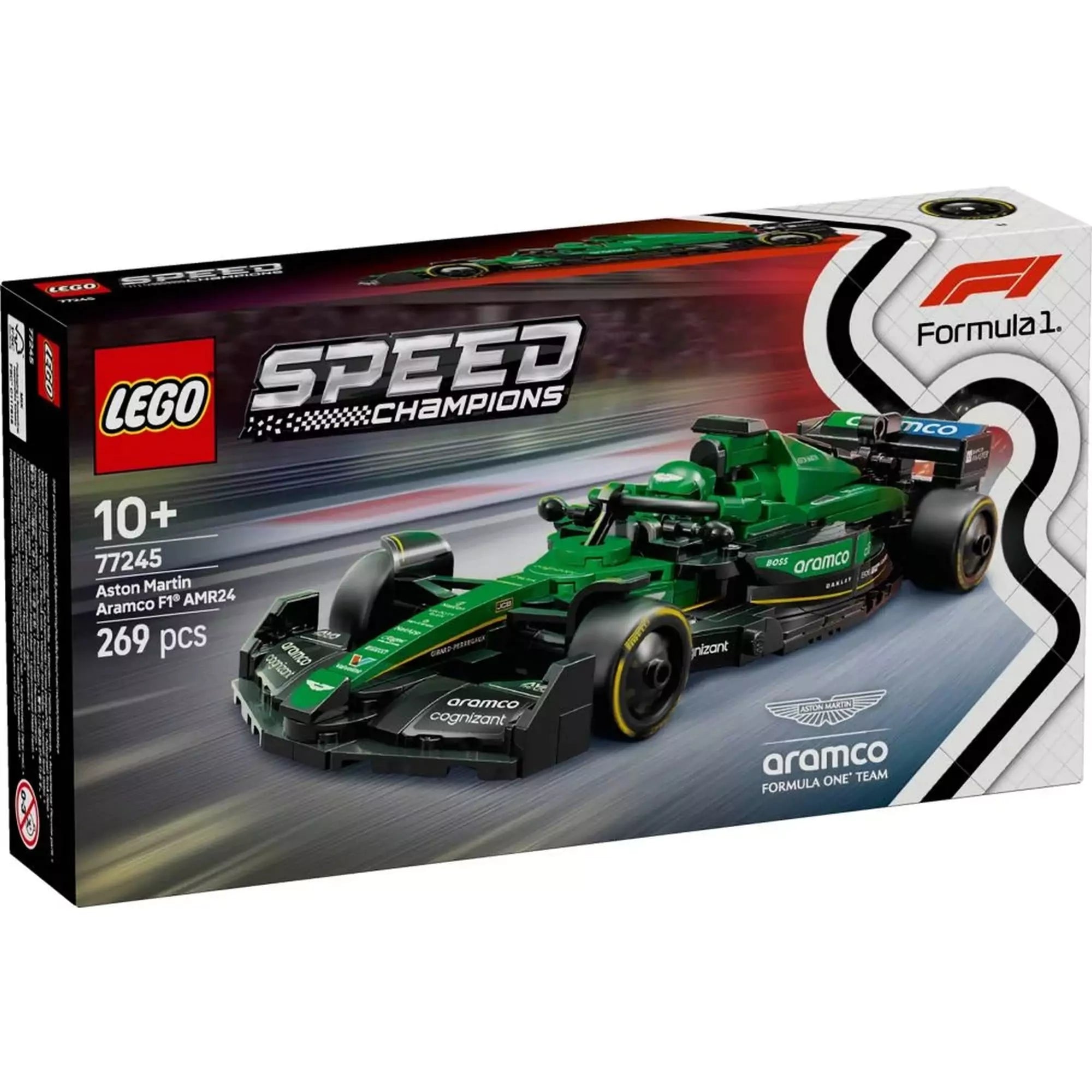 LEGO Speed Champions Aston Martin Aramco F1 AMR24 versenyautó dobozképe, 269 elemmel, 10 éves kortól