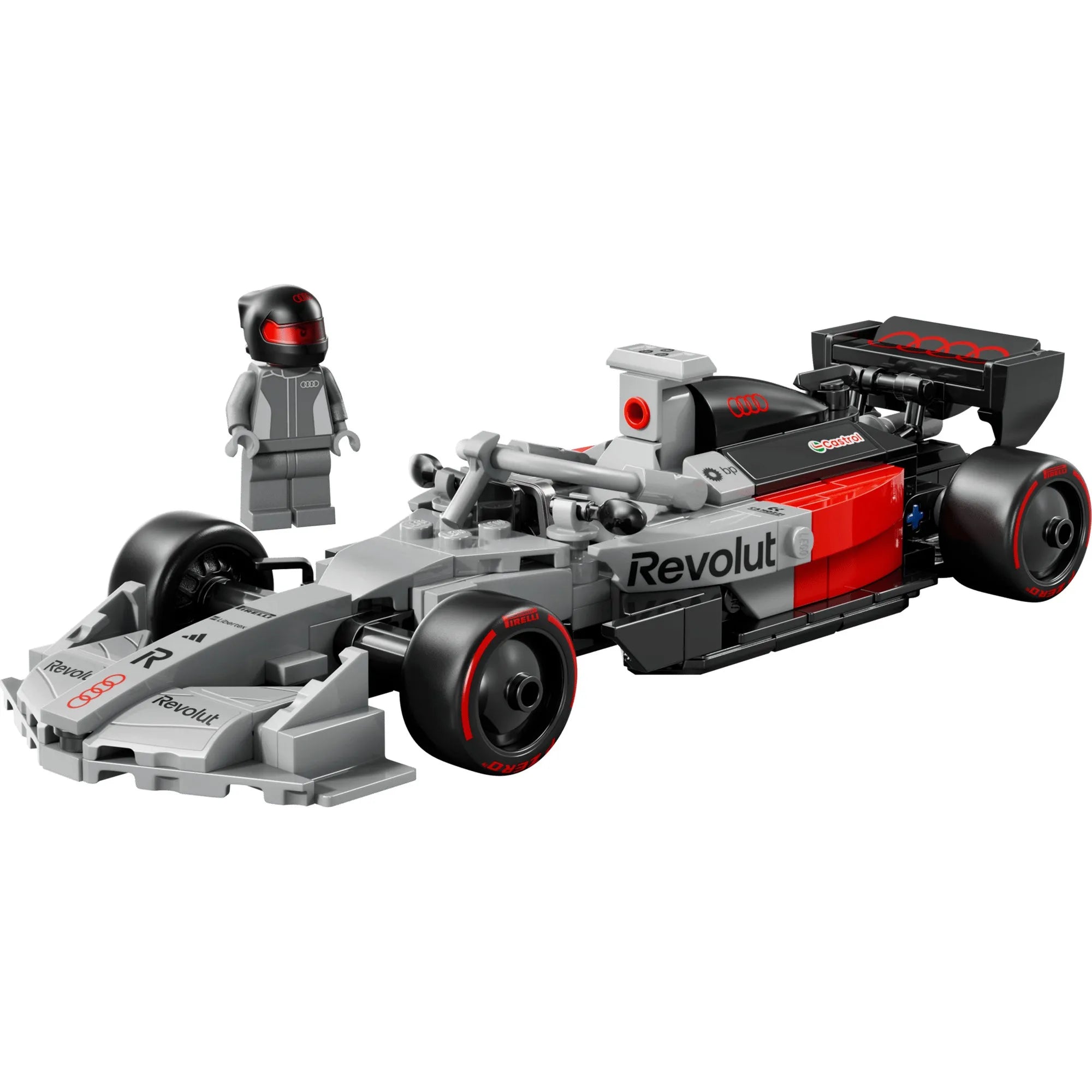 LEGO Speed Champions Audi Revolut F1 Team R26 versenyautó minifigurával, részletgazdag Formula 1 LEGO modell fekete-piros színben.