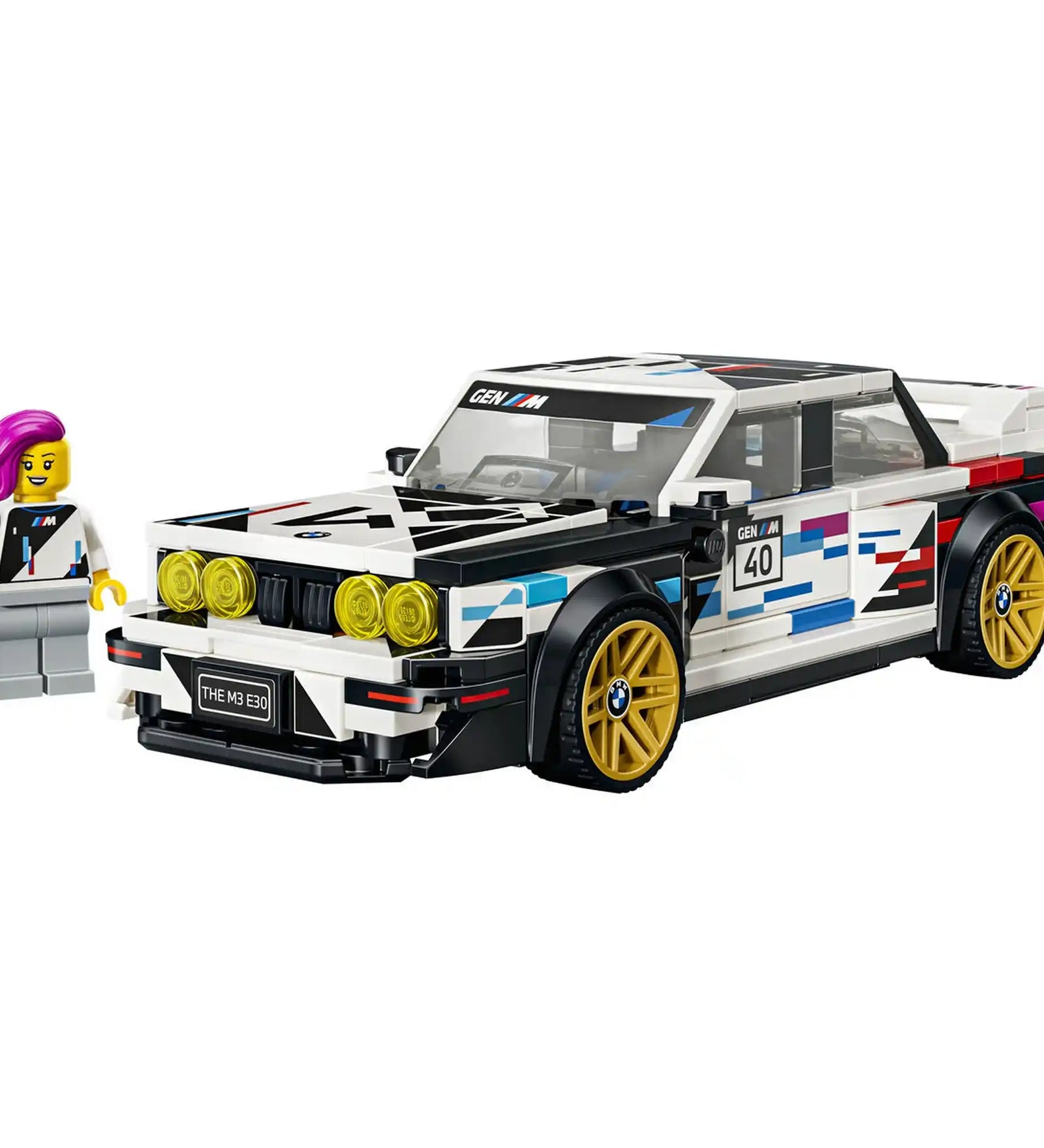Megépített LEGO BMW M3 (E30) modell BMW Motorsport minifigurával.