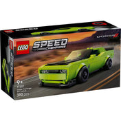 LEGO Speed Champions Dodge Challenger SRT Hellcat (77237) doboz elölnézet, zöld sportautó száguld az úton.