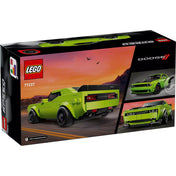 LEGO Dodge Challenger SRT Hellcat (77237) doboz hátulnézet, a modell részletei és a valódi autó képeivel.