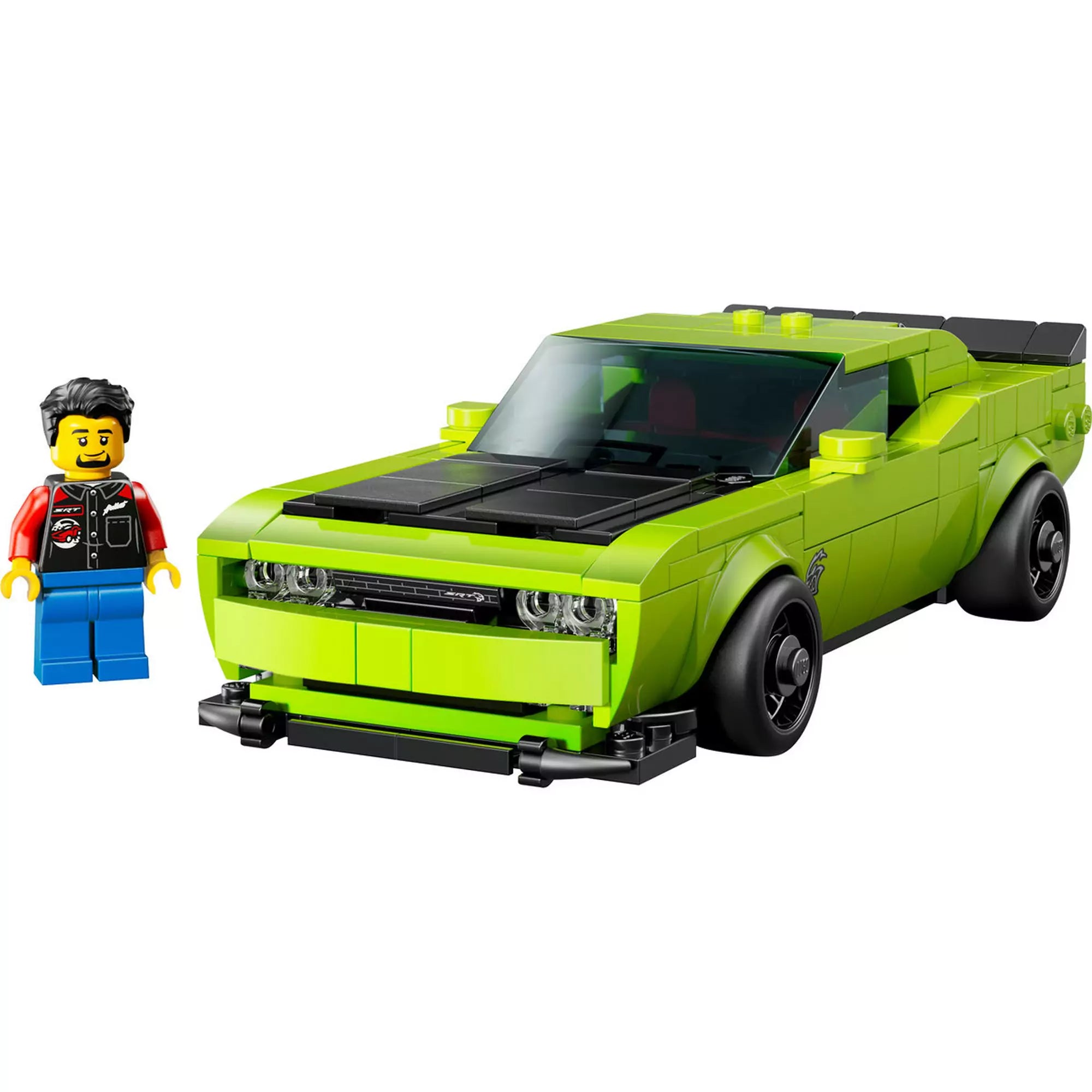 LEGO Dodge Challenger SRT Hellcat (77237) zöld autó minifigurával, autentikus SRT emblémával.