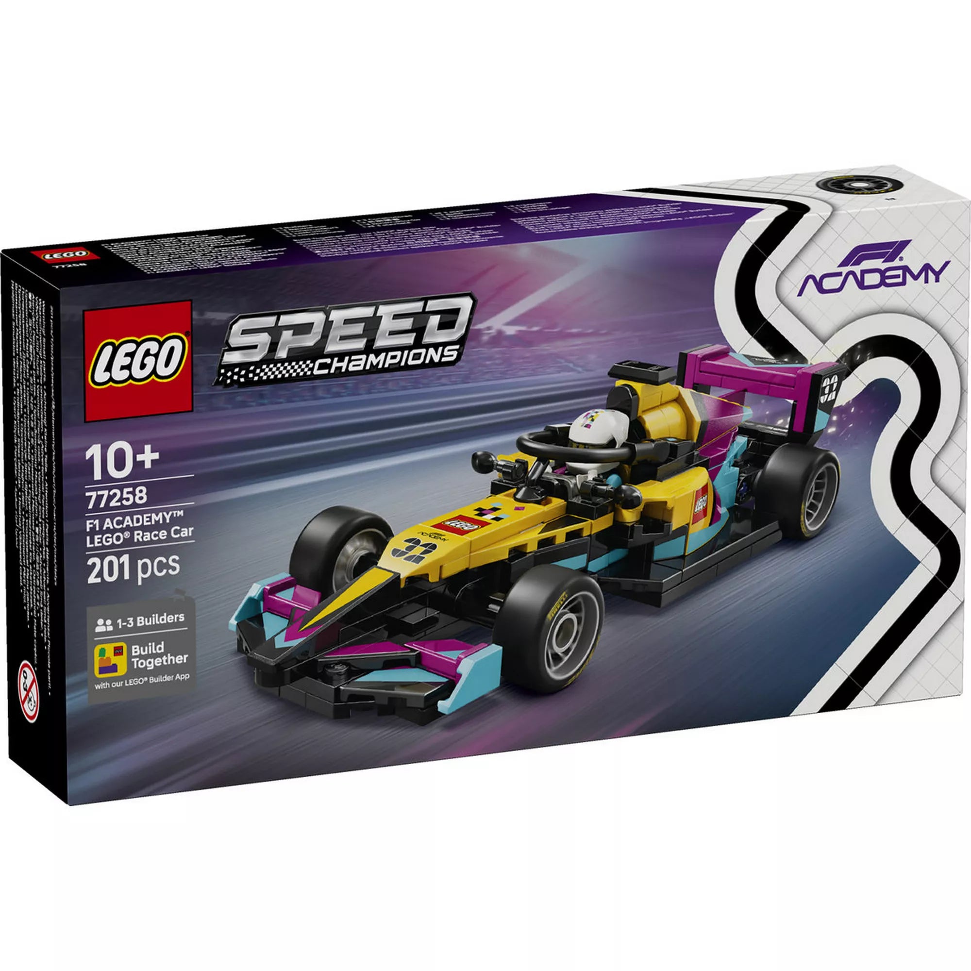 LEGO Speed Champions F1 ACADEMY LEGO versenyautó 77258 dobozképe, sárga és rózsaszín Formula–1 autó modellel és 201 darabos építőkészlettel.