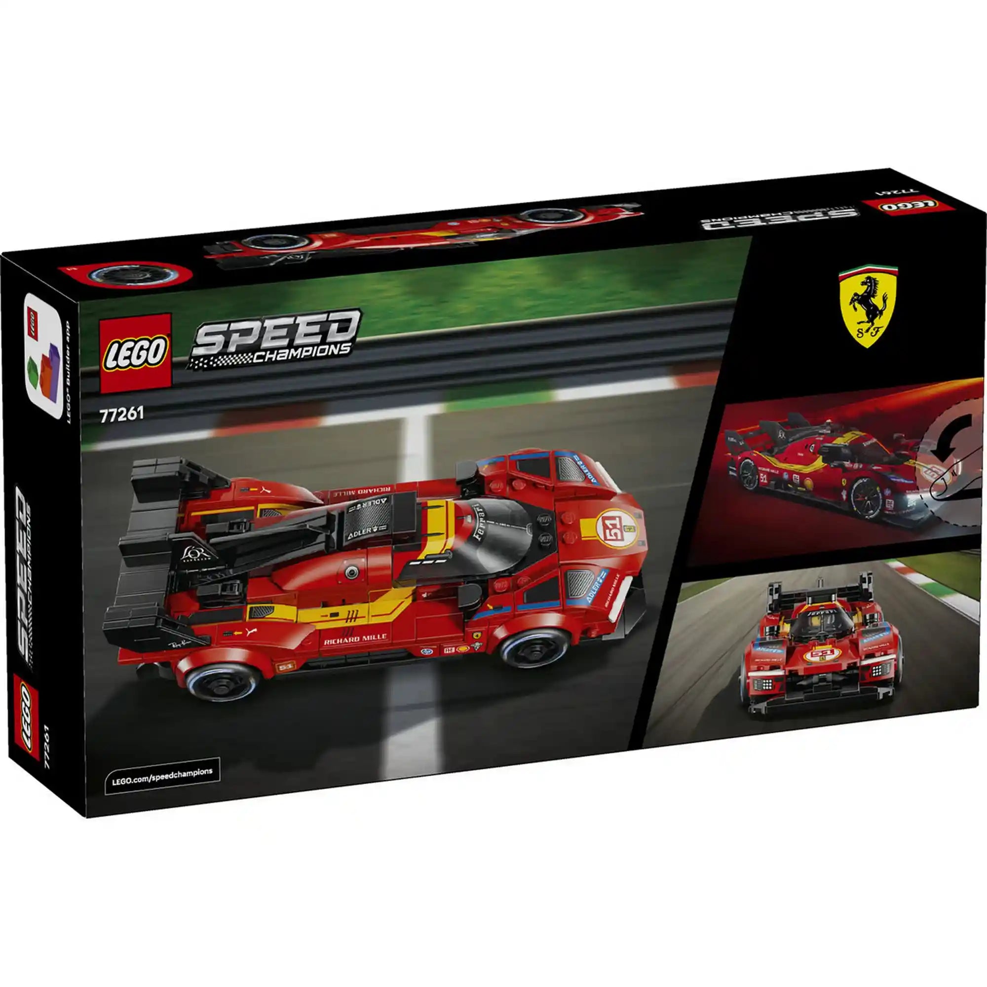 LEGO Speed Champions Ferrari 499P (77261) hátoldali dobozkép a modell részleteinek és funkcióinak bemutatásával.