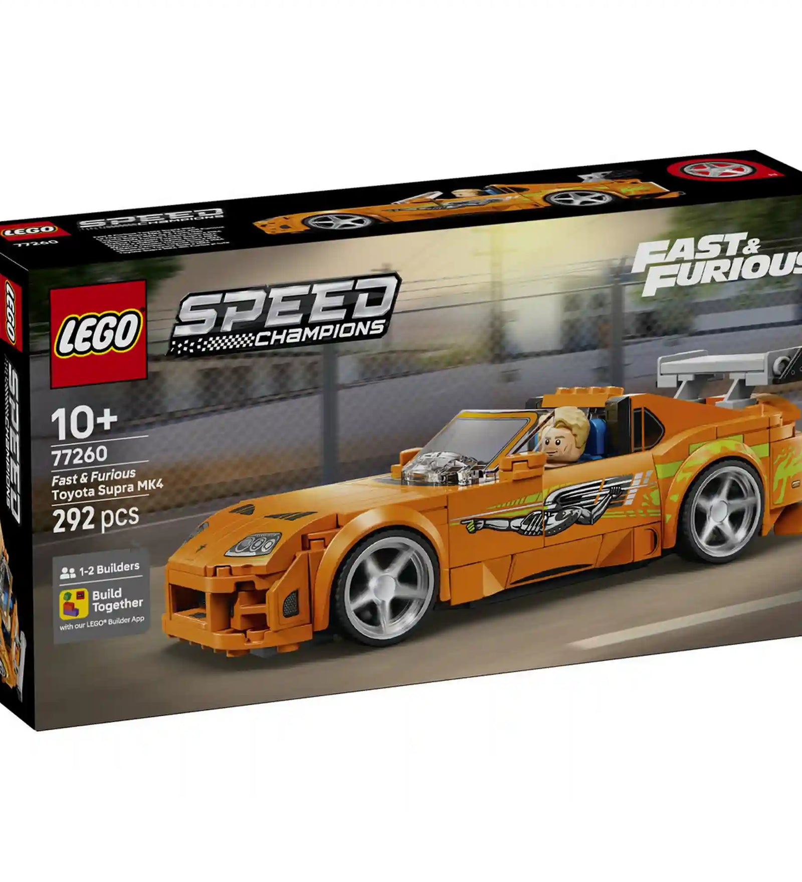 LEGO Speed Champions Halálos iramban Toyota Supra MK4 (77260) dobozkép Brian O’Conner minifigurával és narancssárga sportautó modellel.