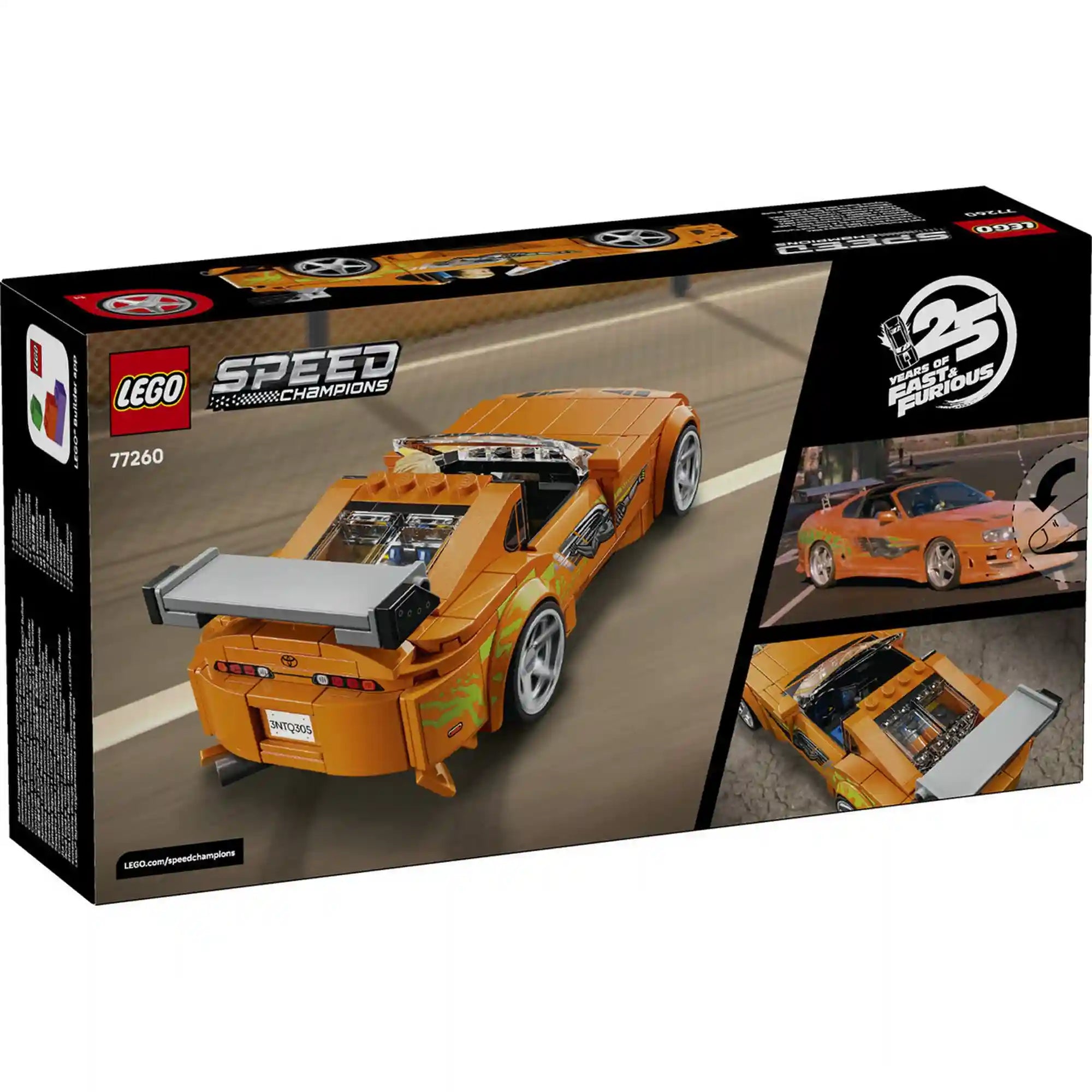 LEGO Speed Champions Toyota Supra MK4 (77260) hátoldali dobozkép a modell részleteinek és funkcióinak bemutatásával.