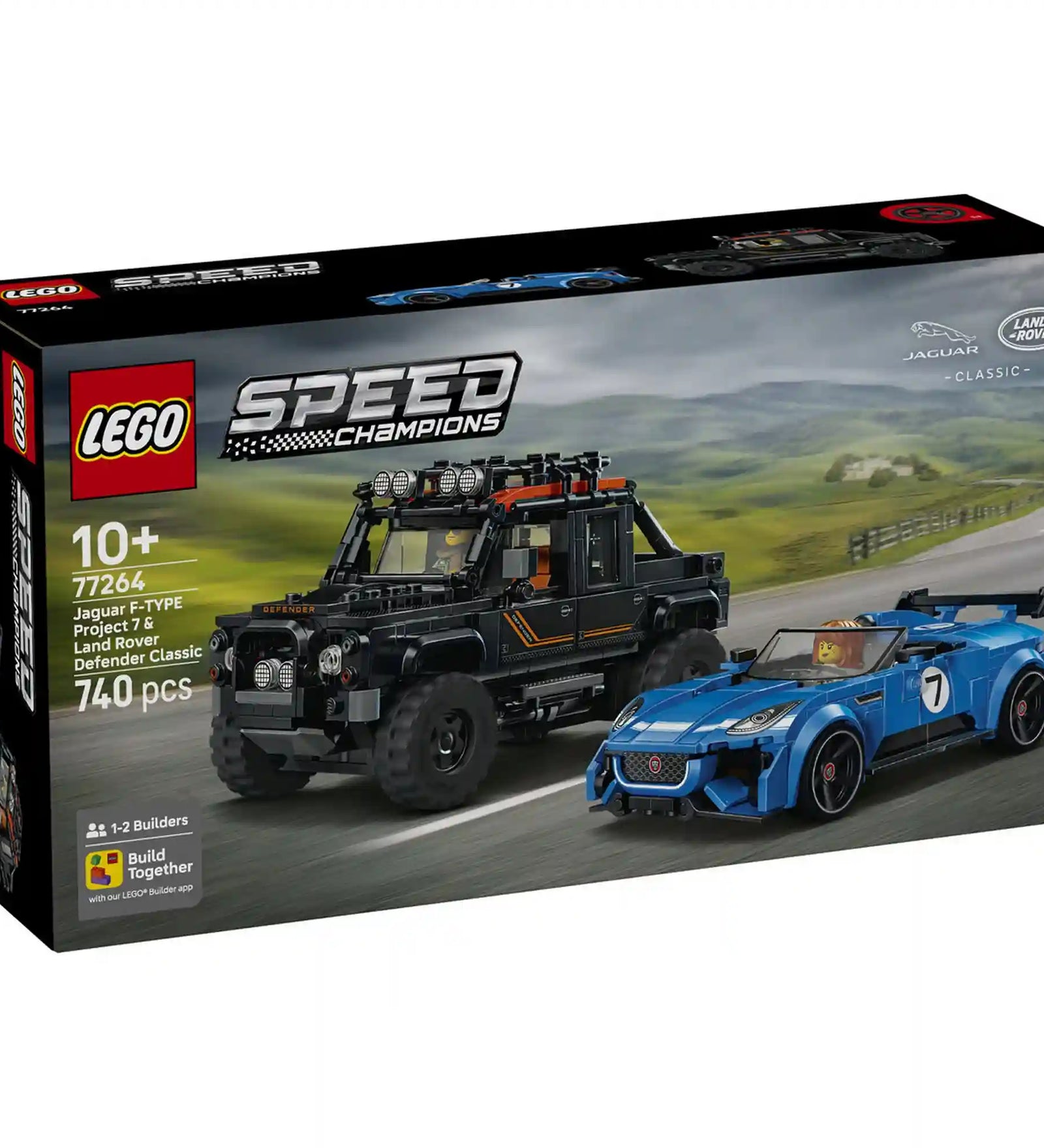 Doboz eleje: LEGO Speed Champions Jaguar Project 7 és Land Rover Defender Classic (77264) készlet doboza a két brit autó modellel.