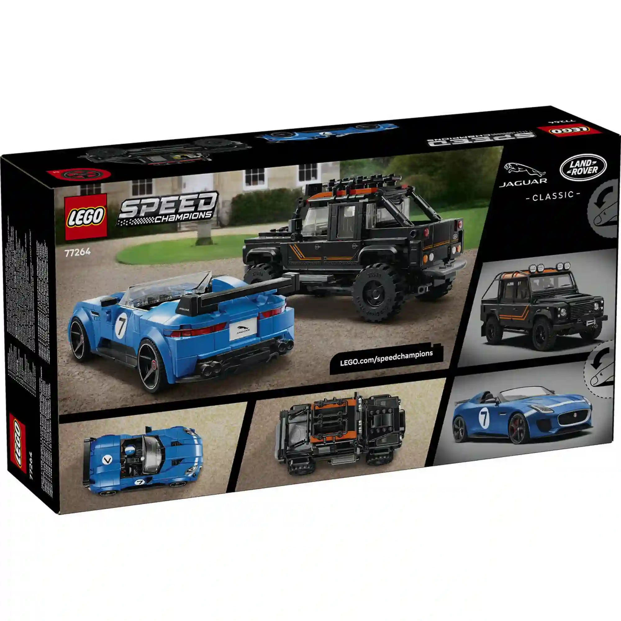 Doboz hátulja: A LEGO Speed Champions Jaguar Project 7 és Land Rover Defender Classic készlet hátoldala, amely bemutatja a modellek részleteit és nézeteit.