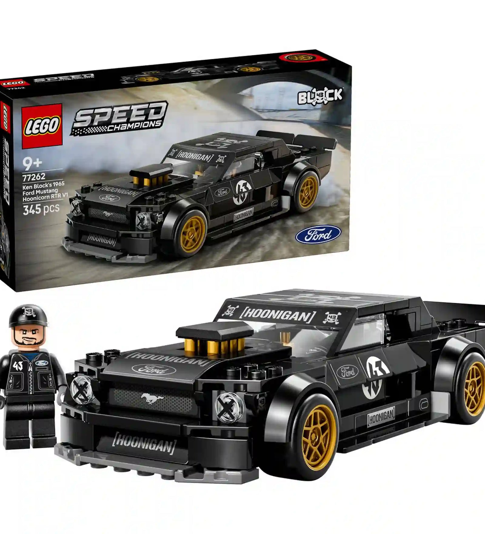 LEGO Speed Champions Ken Block '65 Ford Mustang Hoonicorn V1 (77262) dobozkép és kész modell Ken Block minifigurával.