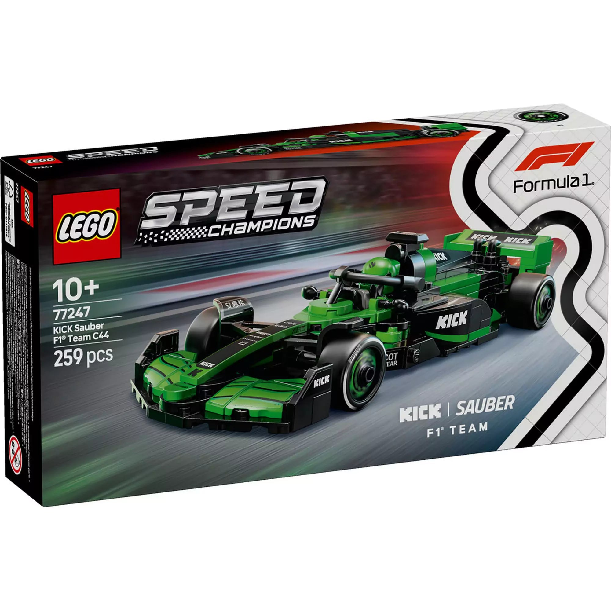  LEGO Speed Champions KICK Sauber F1 Team C44 versenyautó 77247 készlet doboza elölnézetből, 259 elemmel, 10 éves kortól ajánlott.