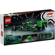 A LEGO 77247-es készlet hátoldala, a KICK Sauber F1 autó részleteivel, a sisakkal és minifigurával.