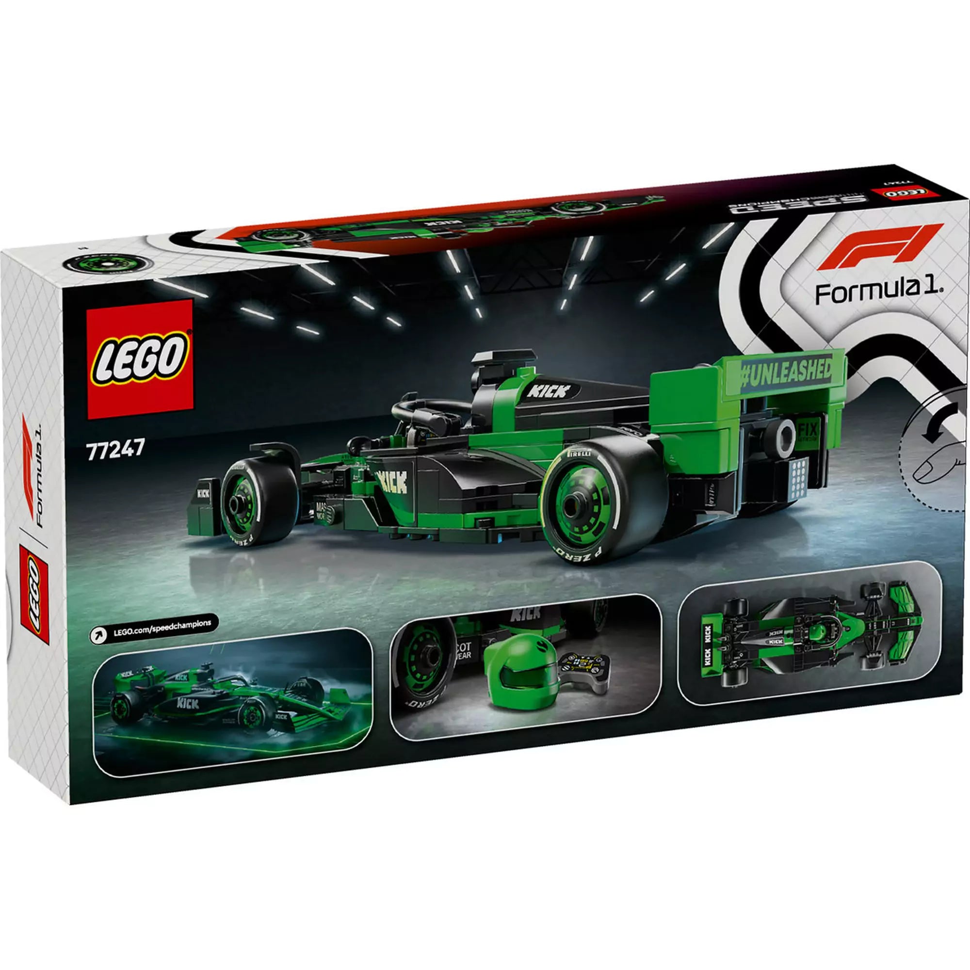A LEGO 77247-es készlet hátoldala, a KICK Sauber F1 autó részleteivel, a sisakkal és minifigurával.