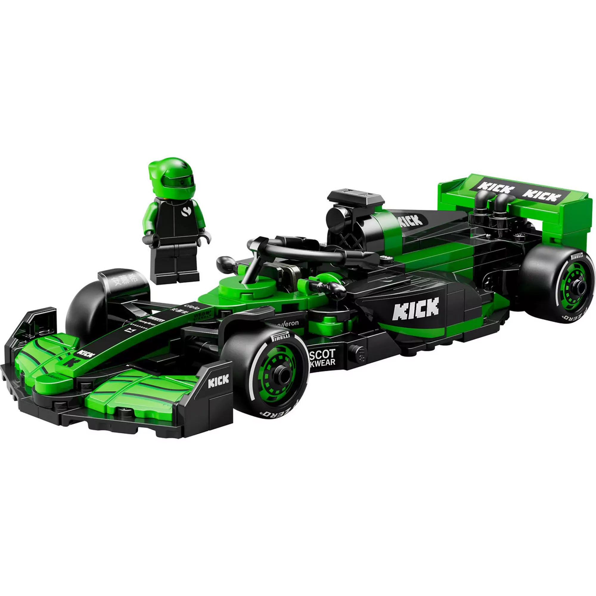 A LEGO versenyautó zöld-fekete színekben, mellette a zöld sisakos minifigura.