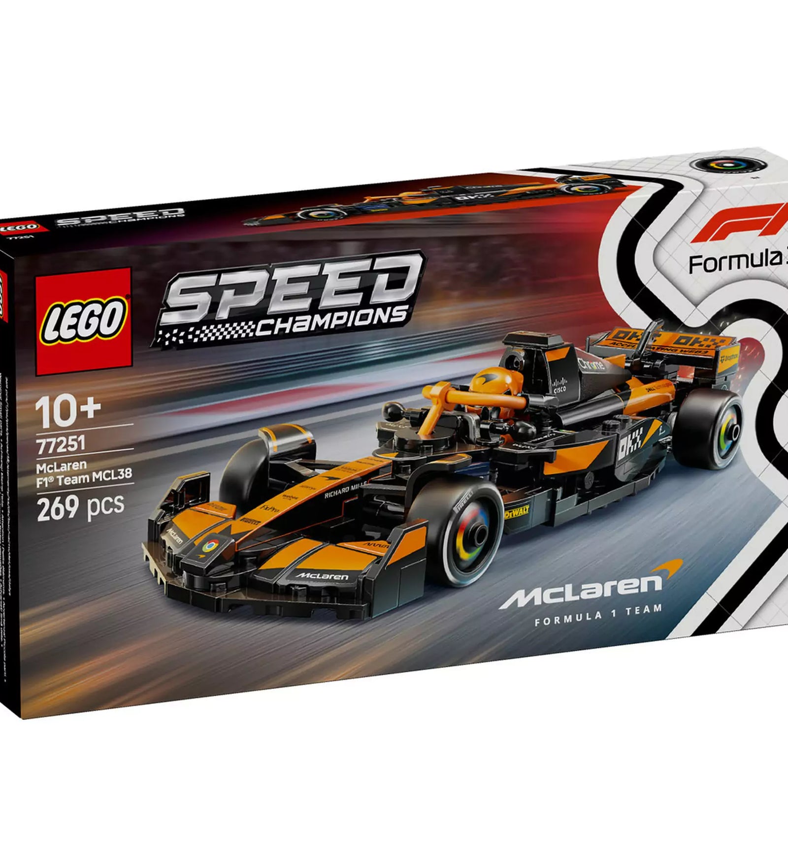 LEGO Speed Champions McLaren F1 Team MCL38 versenyautó doboza, melyen az épített modell és a márkajelzések is láthatók.