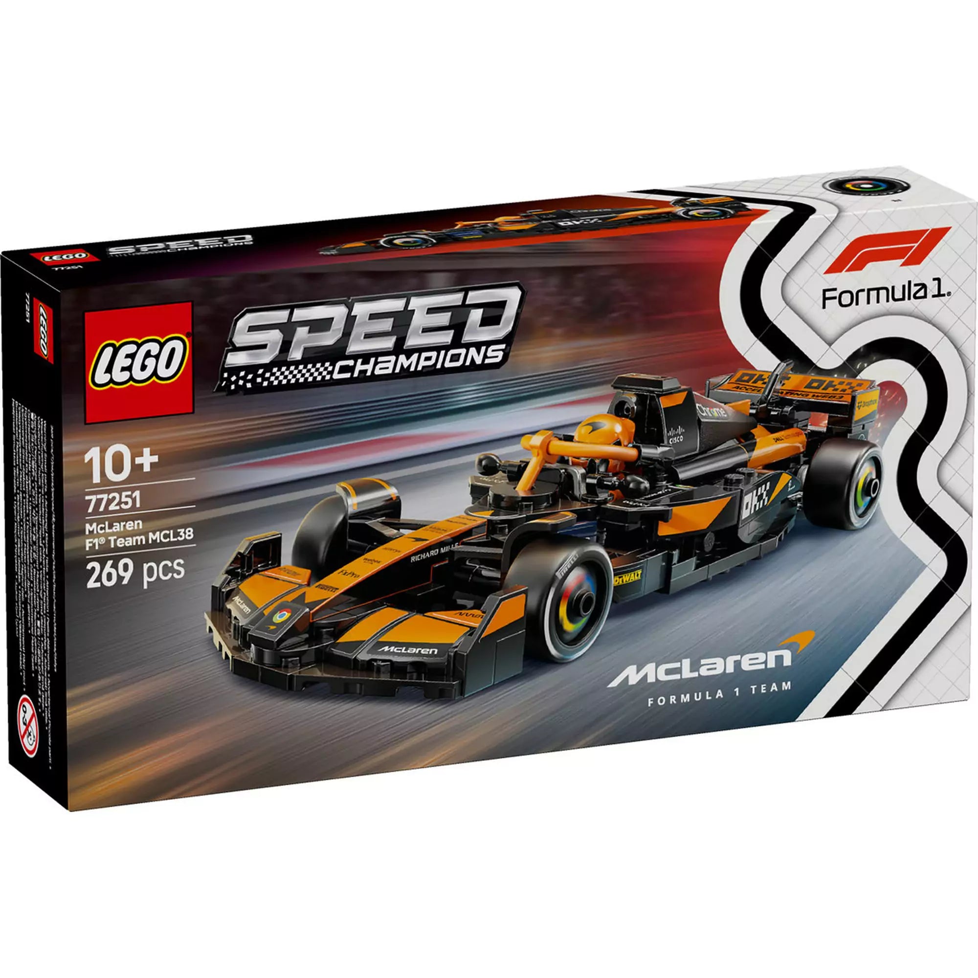 LEGO Speed Champions McLaren F1 Team MCL38 versenyautó doboza, melyen az épített modell és a márkajelzések is láthatók.