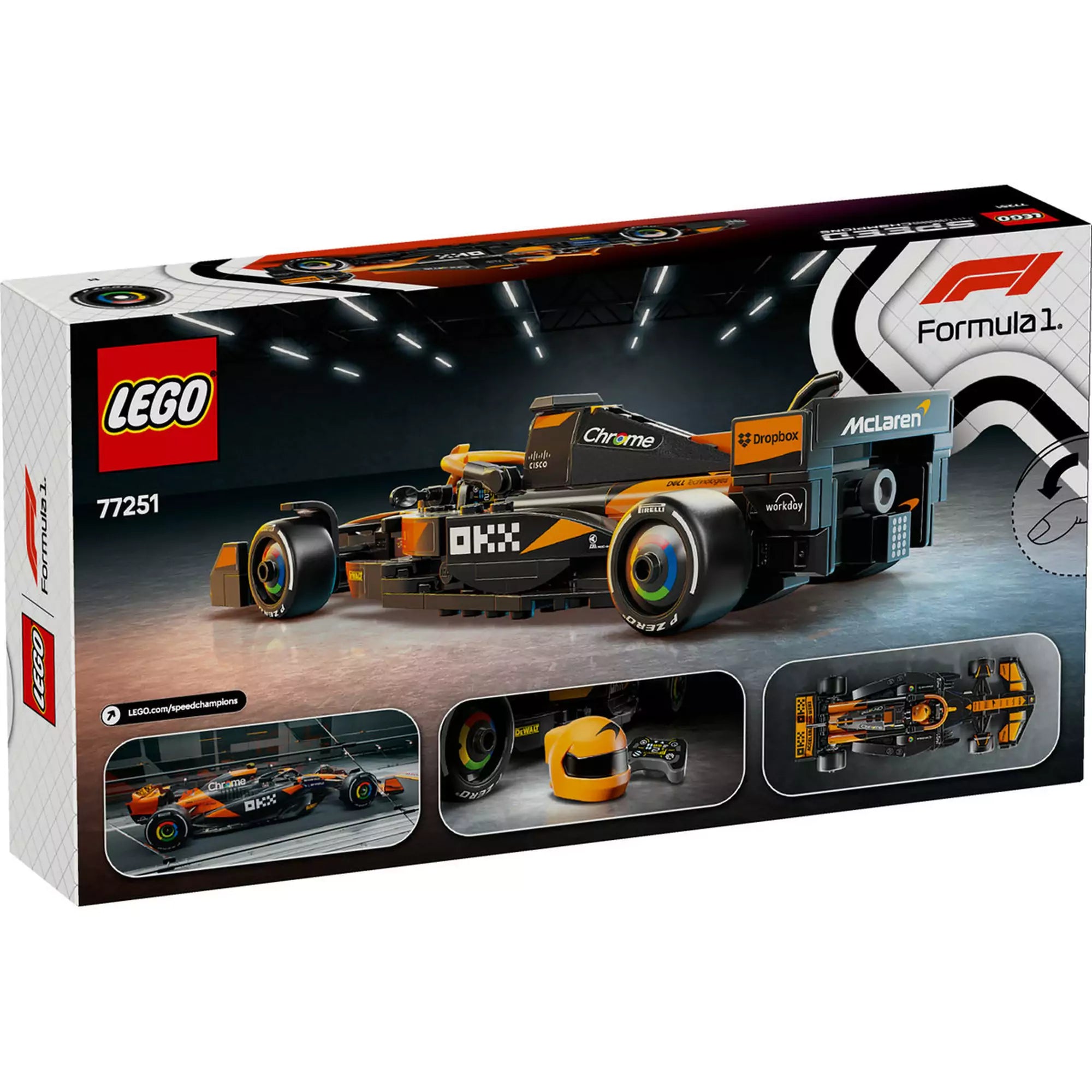 A LEGO Speed Champions McLaren F1 Team MCL38 versenyautó dobozának hátoldala, részletekkel és kiegészítő képekkel.