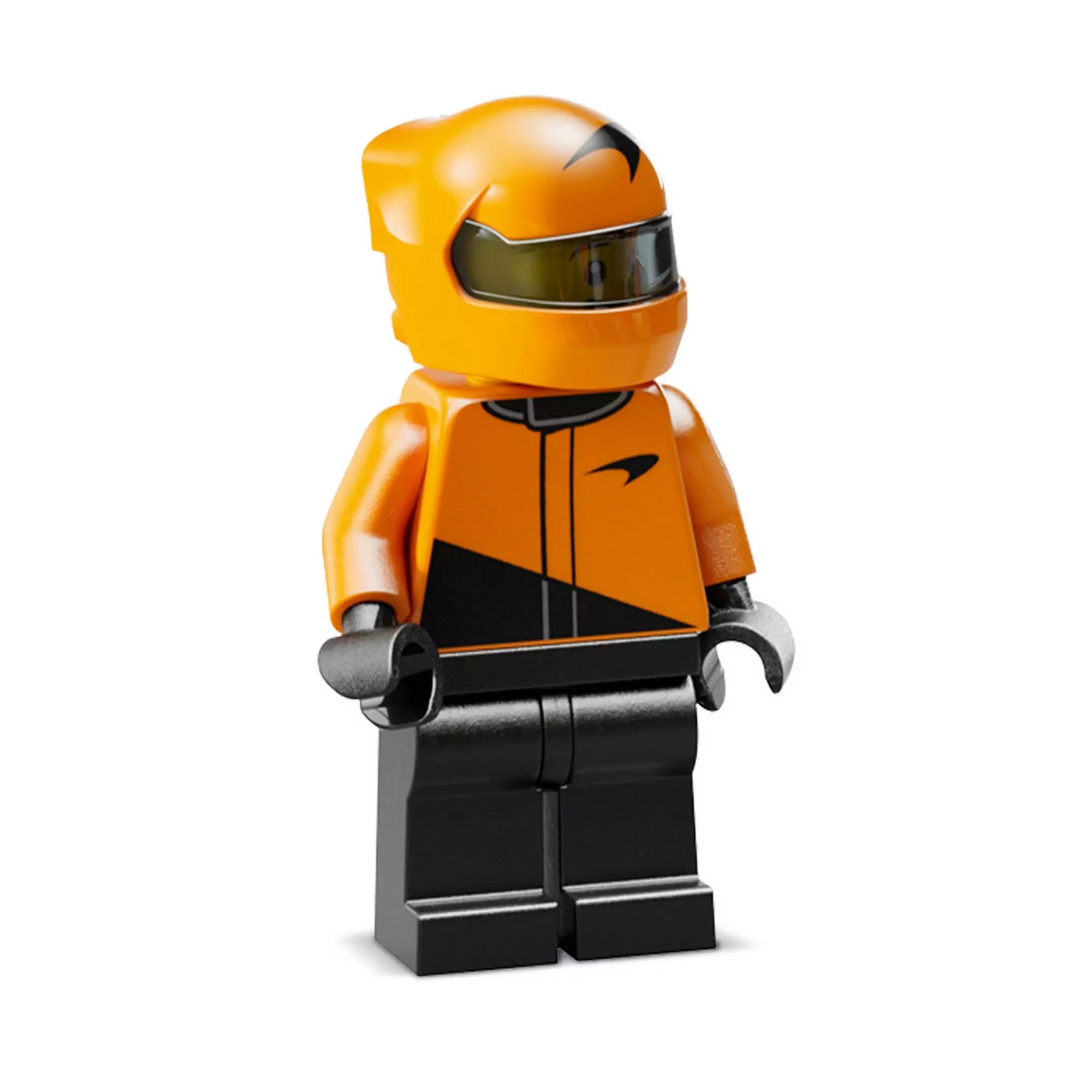 A LEGO Speed Champions McLaren F1 Team MCL38 versenyautóhoz tartozó narancssárga sisakos versenyző minifigura.