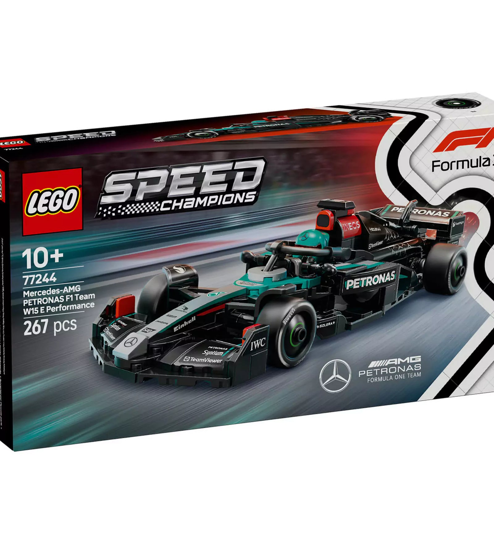 LEGO Speed Champions Mercedes-AMG F1 W15 versenyautó készlet doboza dinamikus háttérrel és F1 logóval.

