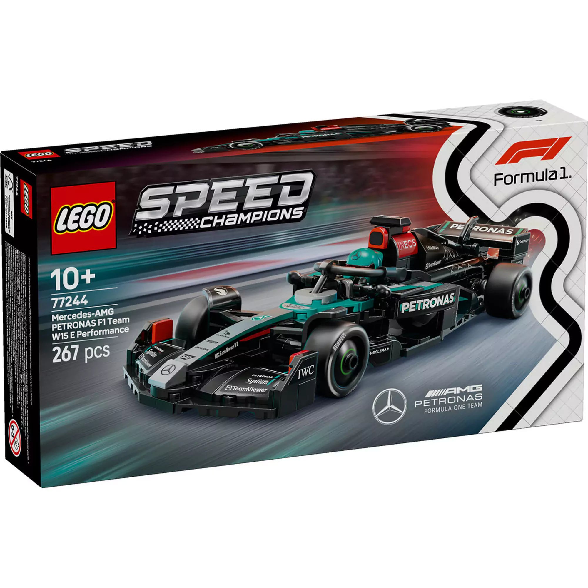LEGO Speed Champions Mercedes-AMG F1 W15 versenyautó készlet doboza dinamikus háttérrel és F1 logóval.

