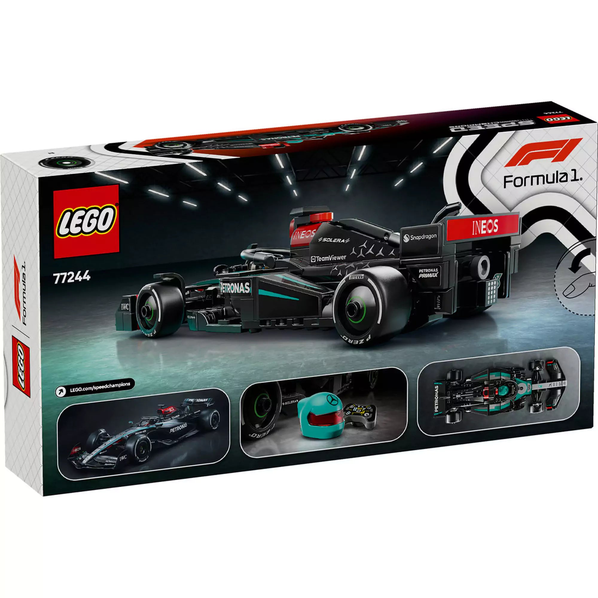 LEGO Speed Champions Mercedes-AMG F1 W15 versenyautó doboz hátoldala, részletes járműfotókkal és kiegészítőkkel.