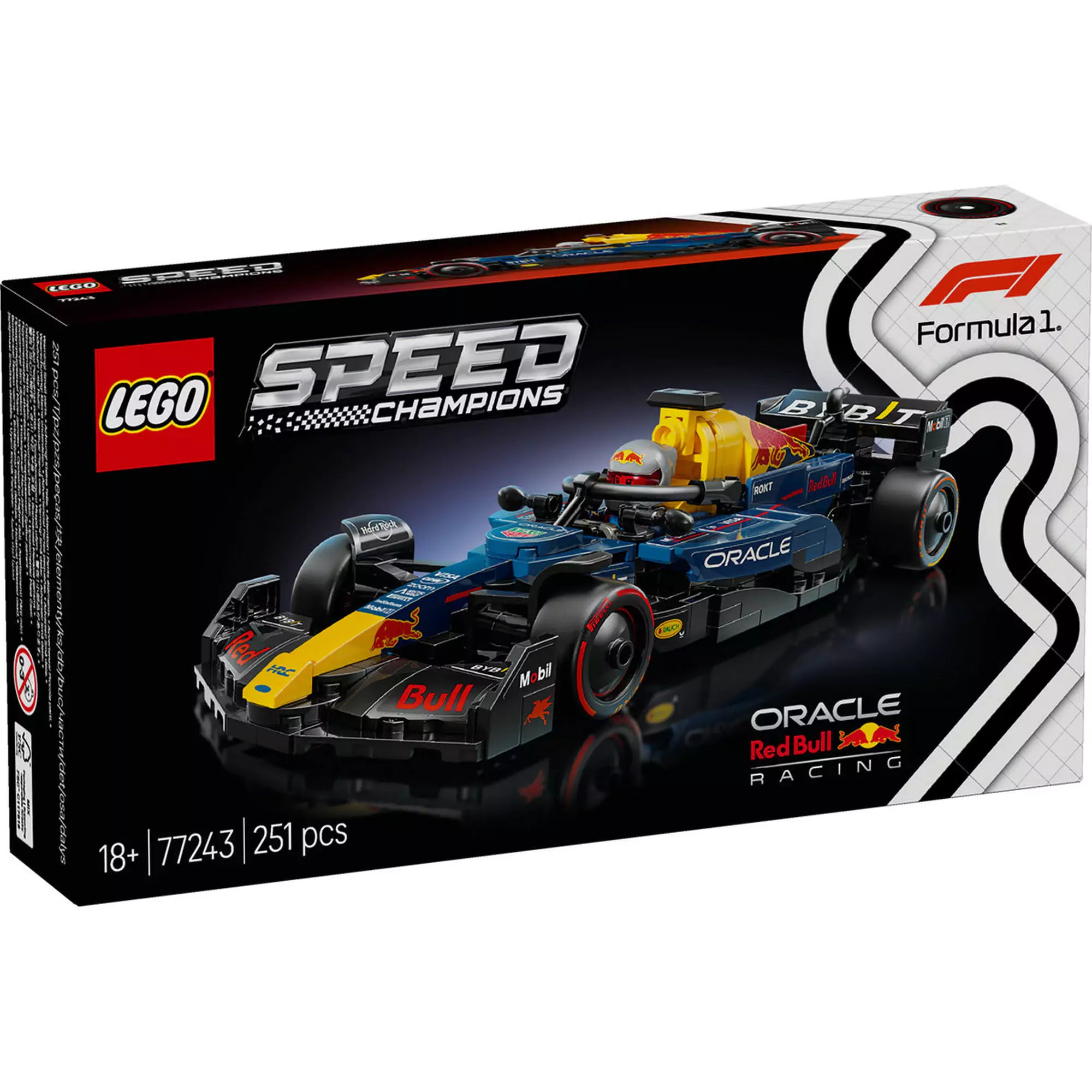  LEGO Speed Champions Oracle Red Bull Racing RB18 versenyautó (77243) dobozkép elölnézetből.