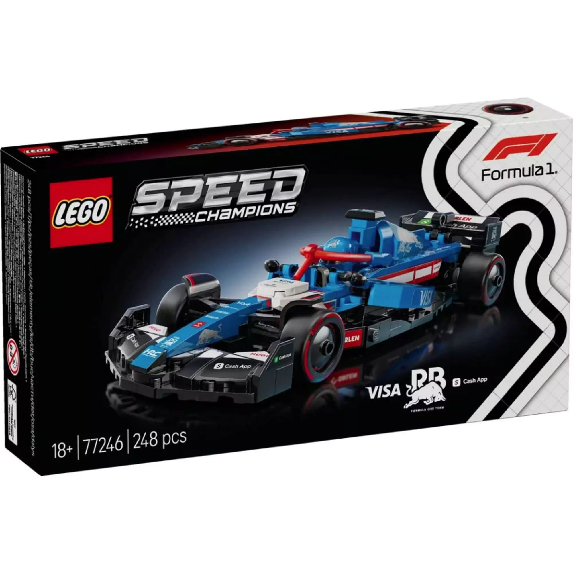 A LEGO Speed Champions Visa Cash App RB VCARB 01 F1 versenyautó 77246 doboza elölnézetből, 248 darabbal.