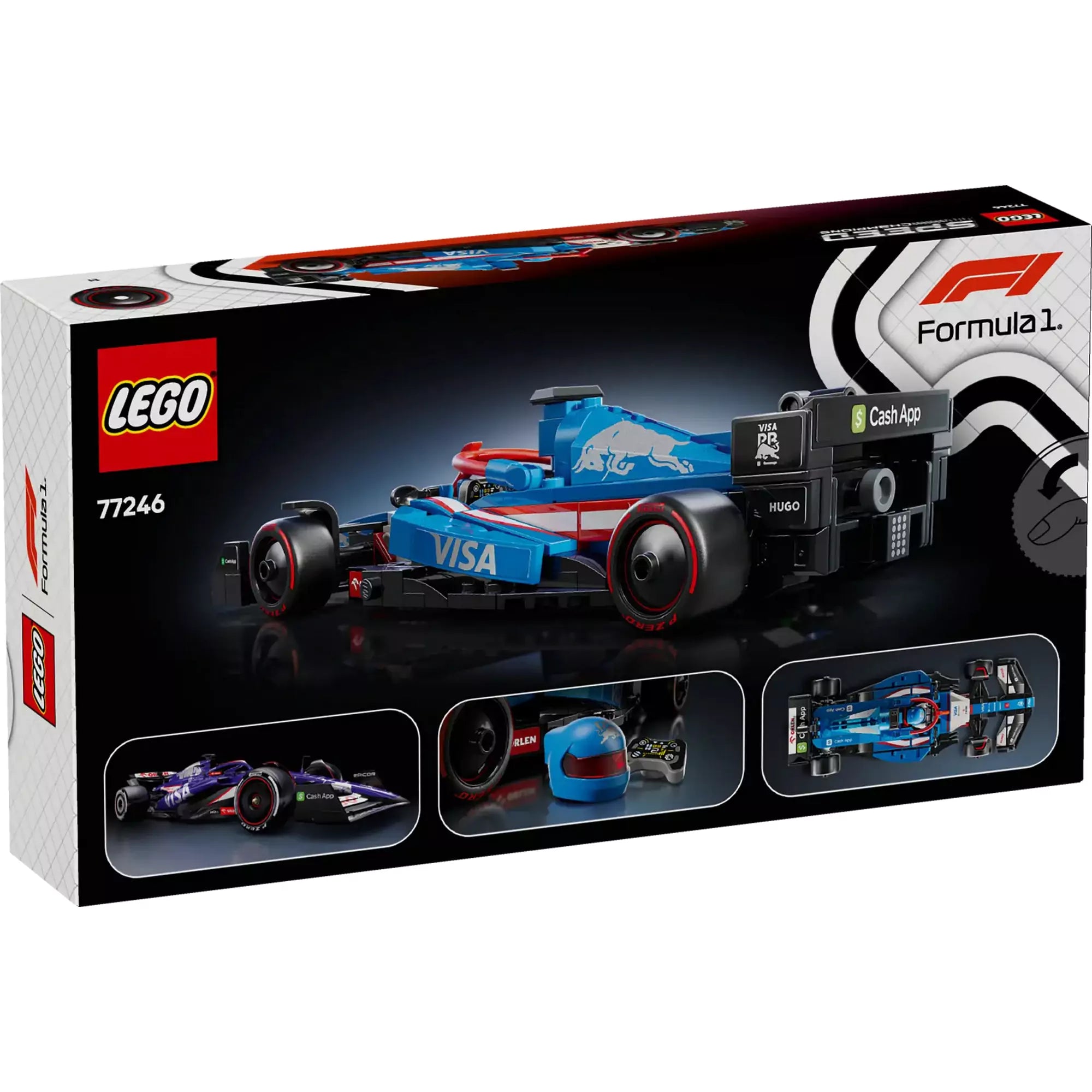 A LEGO Speed Champions Visa Cash App RB VCARB 01 F1 versenyautó 77246 doboza, a modell dinamikus ábrázolásával.