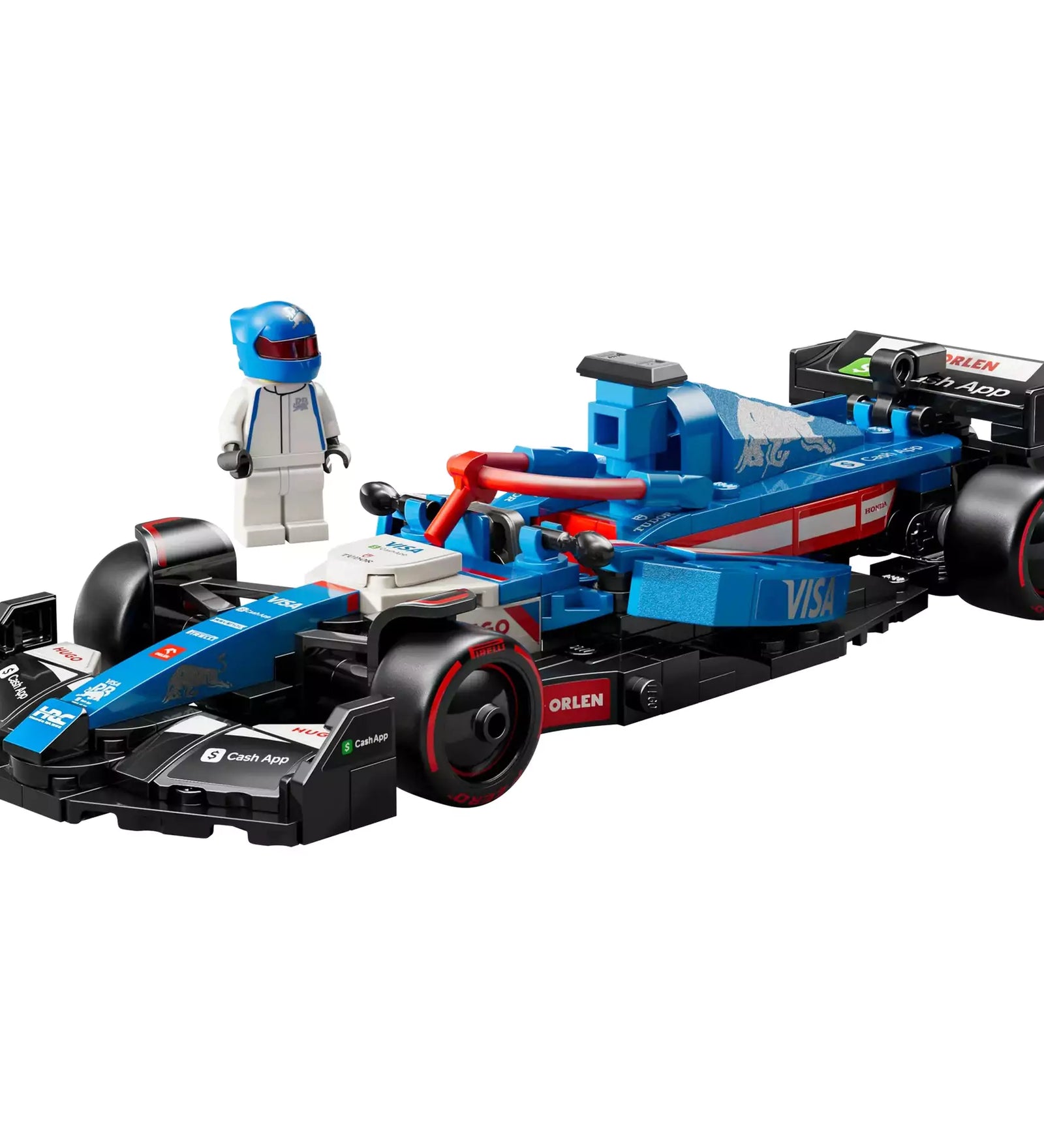 A LEGO Speed Champions Visa Cash App RB VCARB 01 F1 versenyautó 77246 pilótafigurával fehér alapon.