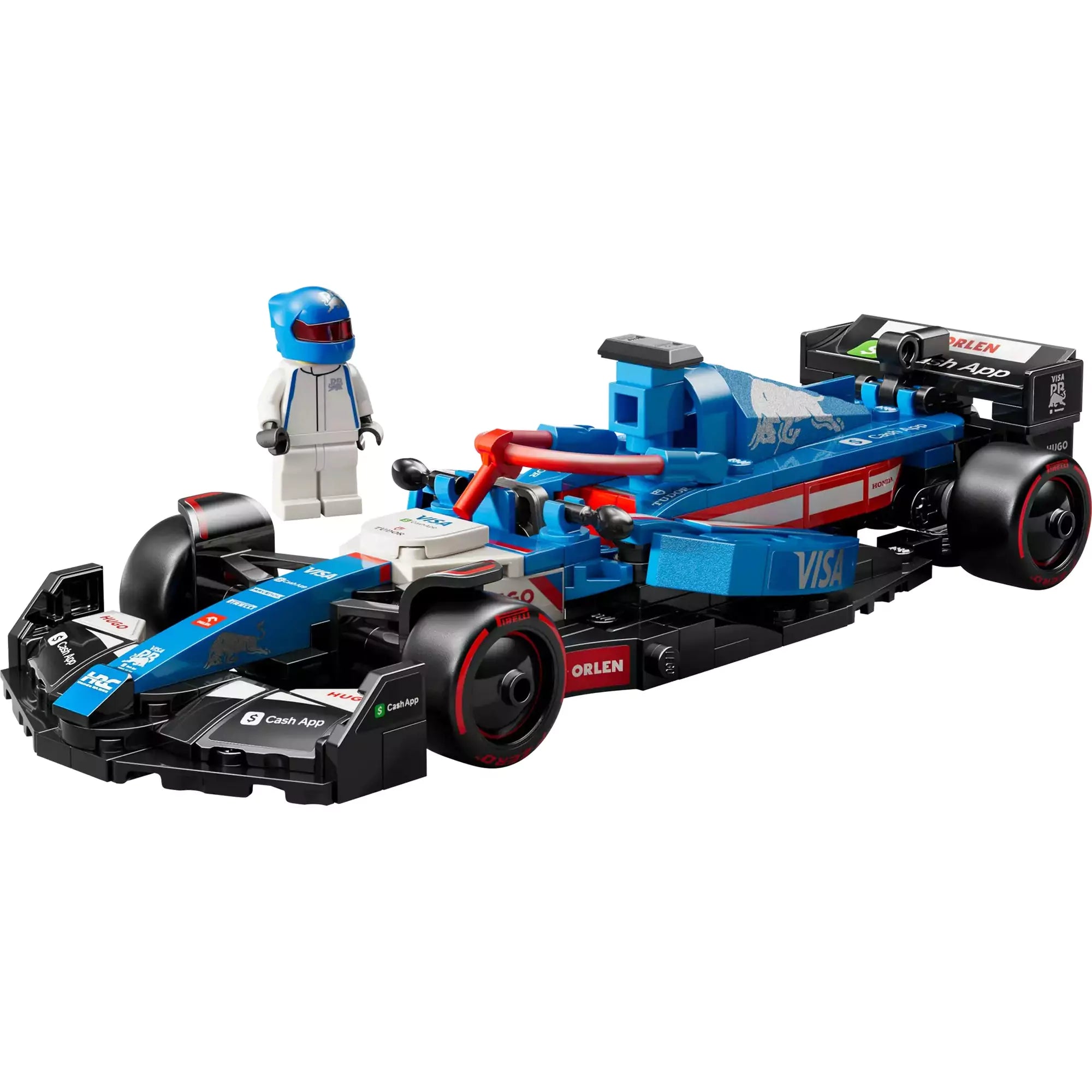 A LEGO Speed Champions Visa Cash App RB VCARB 01 F1 versenyautó 77246 pilótafigurával fehér alapon.