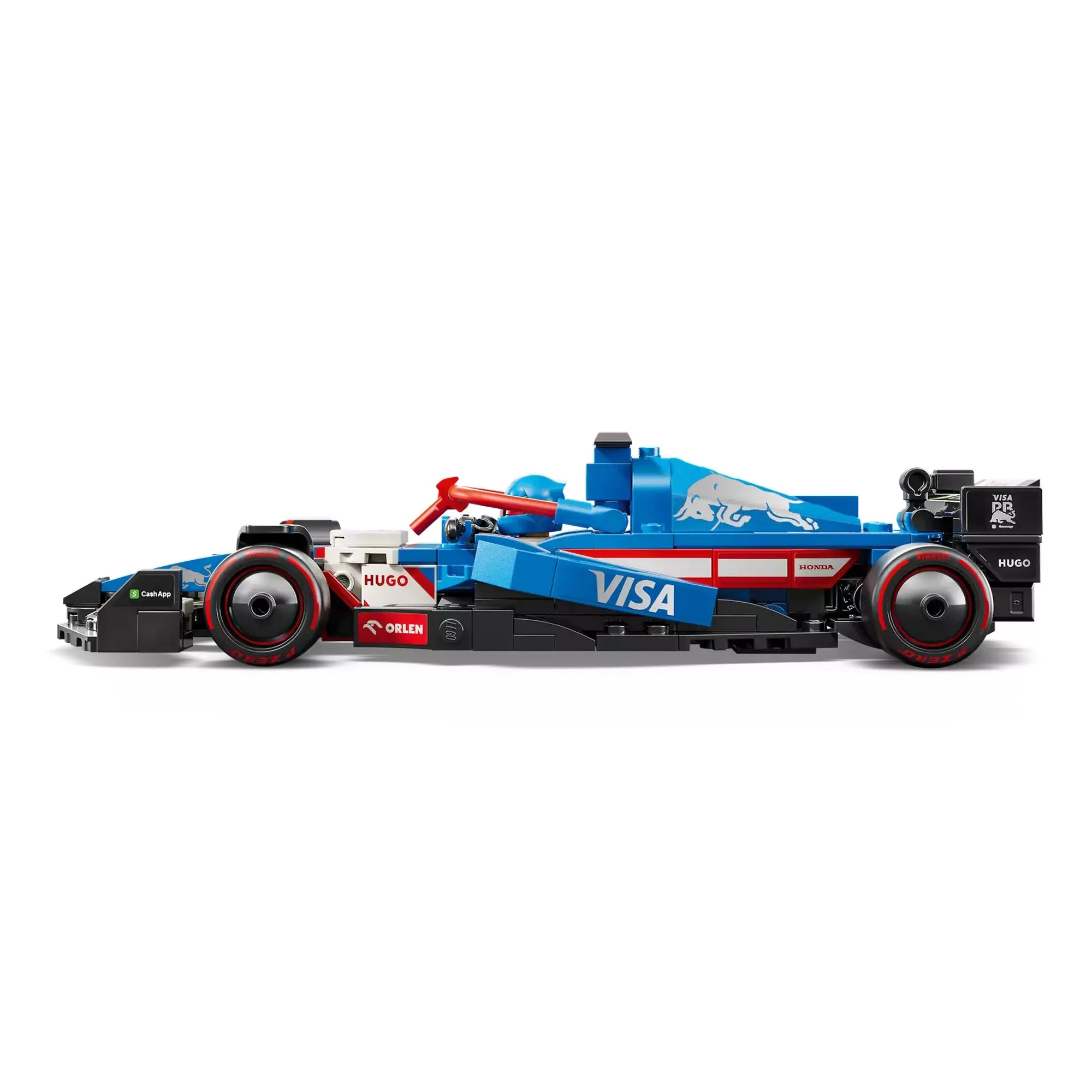 Oldalnézetből a LEGO Speed Champions Visa Cash App RB VCARB 01 F1 versenyautó 77246 modell.