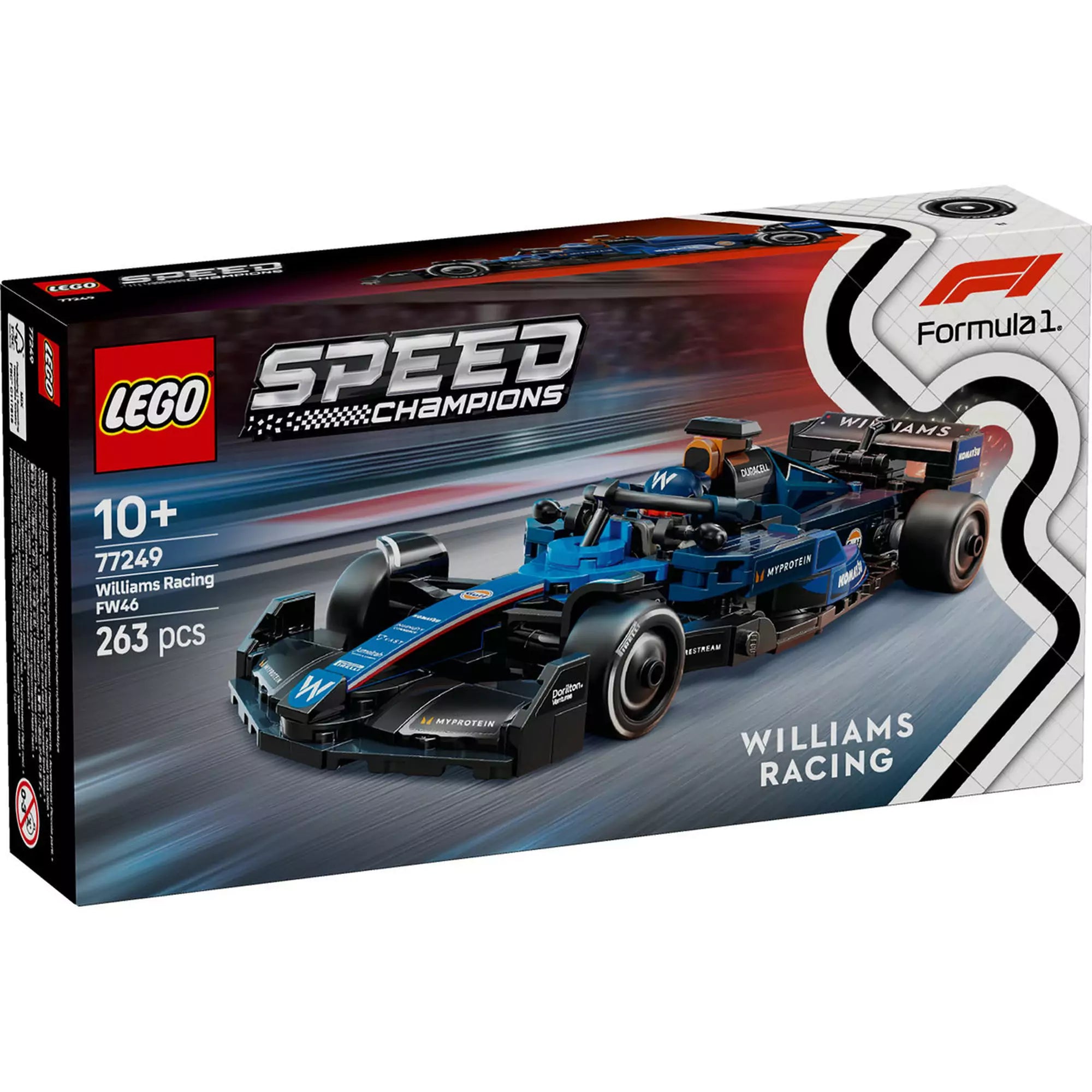 A LEGO Speed Champions 77249 - Williams Racing FW46 készlet dobozának eleje, a teljes autóval, 10+ korosztályi ajánlással és 263 darabbal.